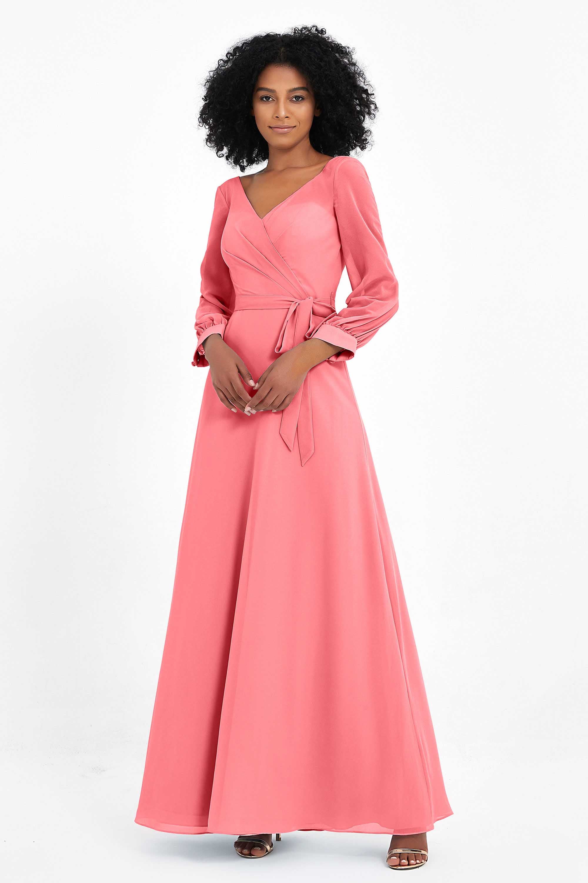Elegance V Neck Junior Bridesmaid Dress Chiffon Long Sleeves Pleated Sashes Formal Evening Dresses