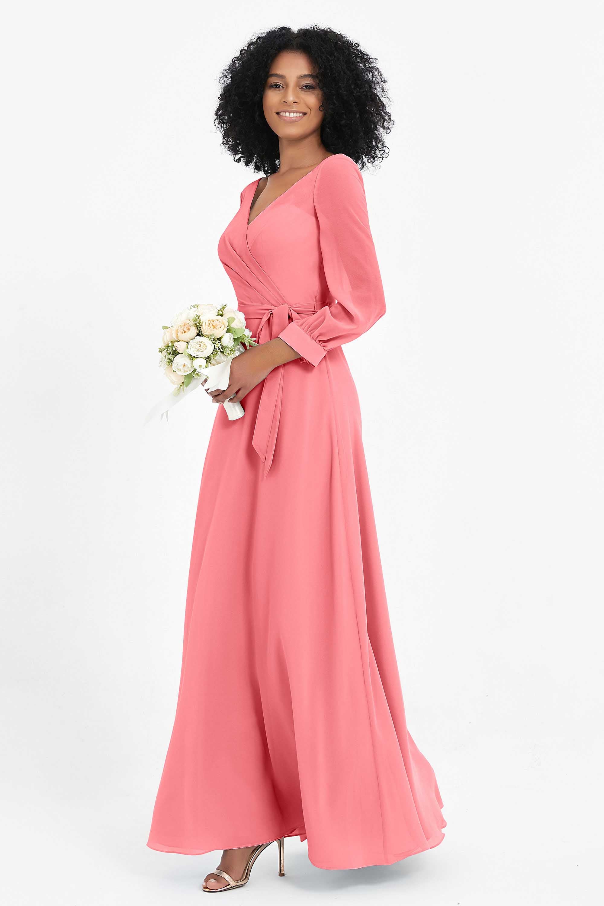 Elegance V Neck Junior Bridesmaid Dress Chiffon Long Sleeves Pleated Sashes Formal Evening Dresses