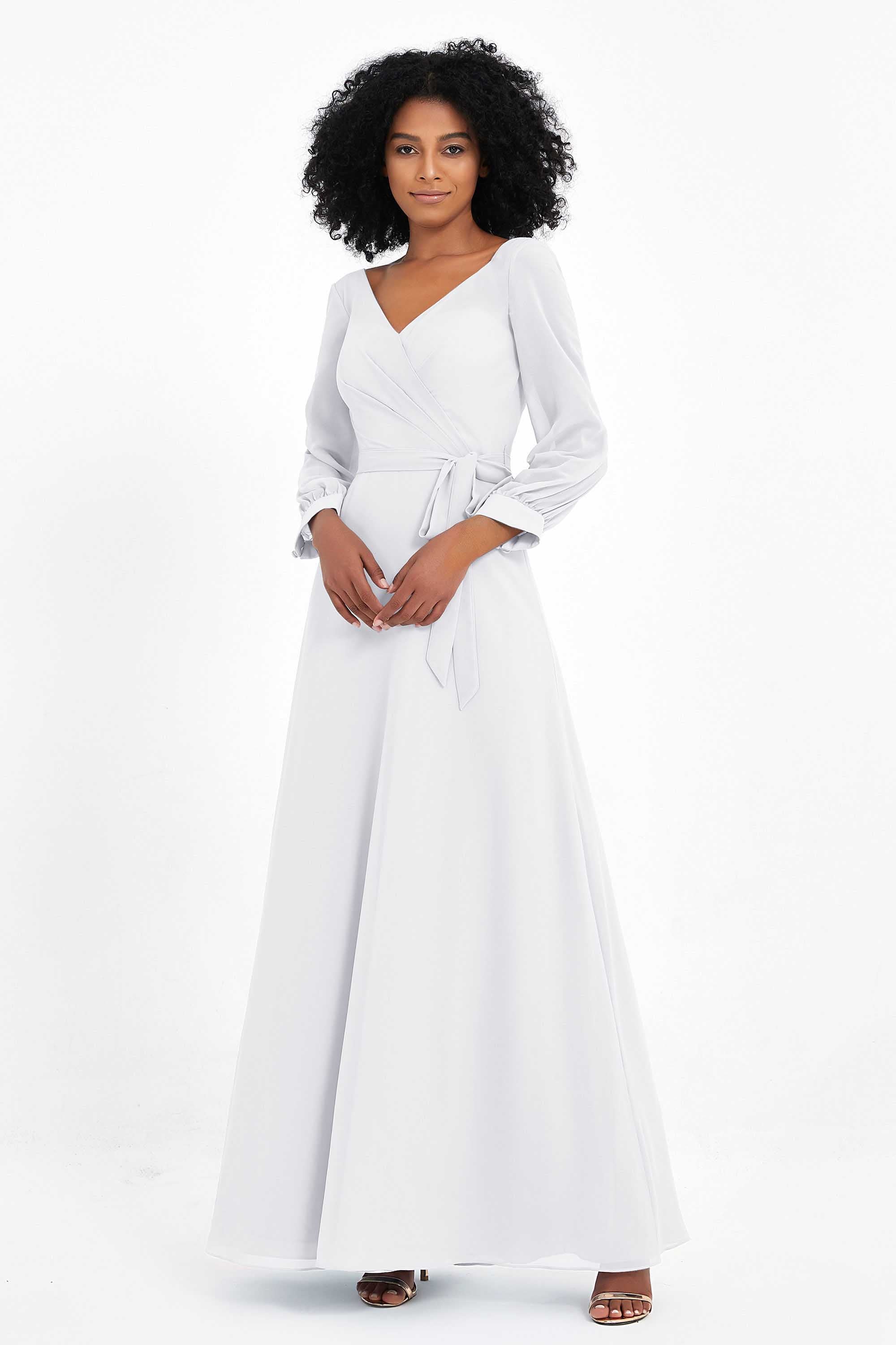Elegance V Neck Junior Bridesmaid Dress Chiffon Long Sleeves Pleated Sashes Formal Evening Dresses