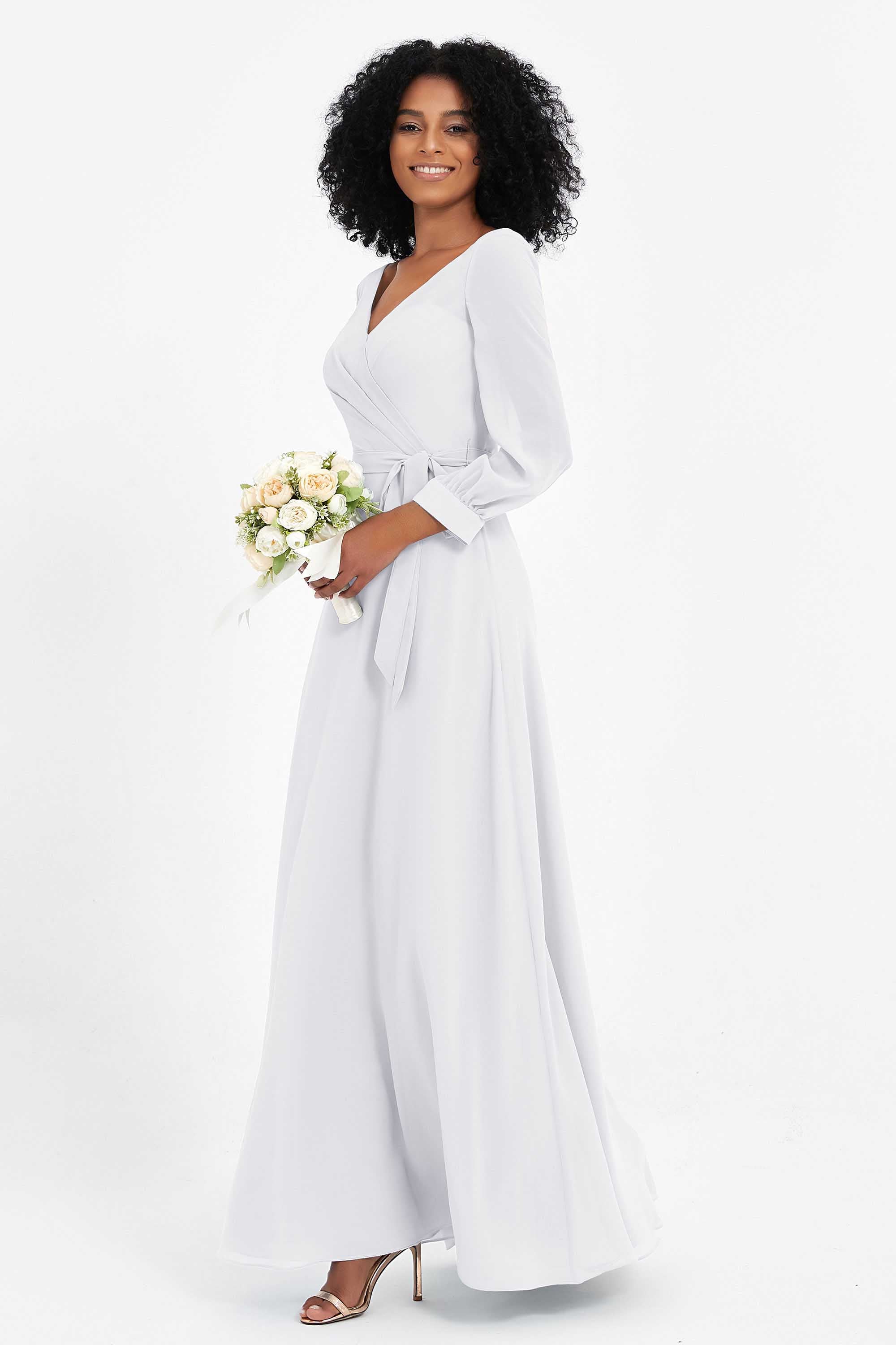 Elegance V Neck Junior Bridesmaid Dress Chiffon Long Sleeves Pleated Sashes Formal Evening Dresses