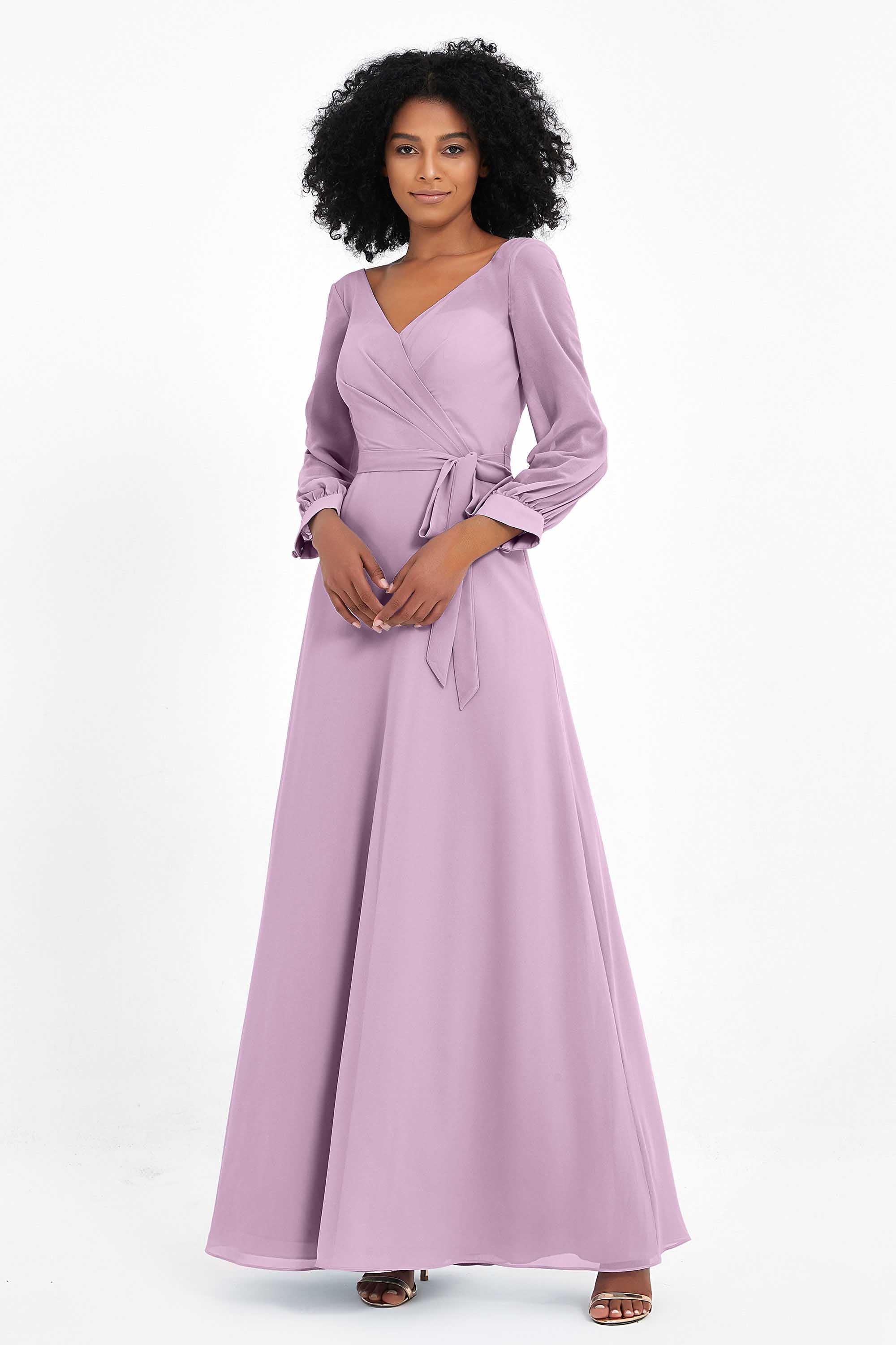 Elegance V Neck Junior Bridesmaid Dress Chiffon Long Sleeves Pleated Sashes Formal Evening Dresses