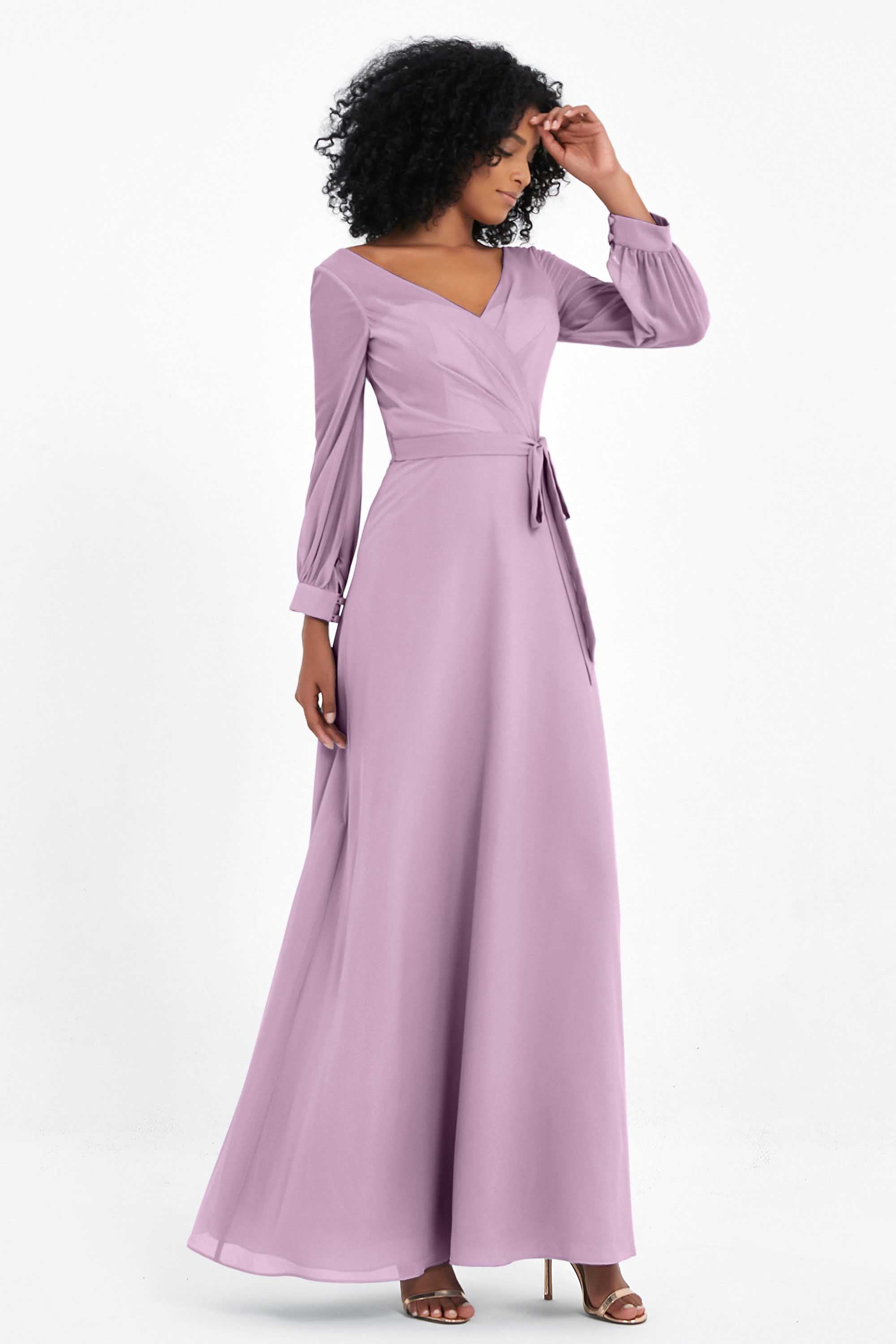 Elegance V Neck Junior Bridesmaid Dress Chiffon Long Sleeves Pleated Sashes Formal Evening Dresses