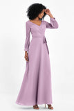 Elegance V Neck Junior Bridesmaid Dress Chiffon Long Sleeves Pleated Sashes Formal Evening Dresses