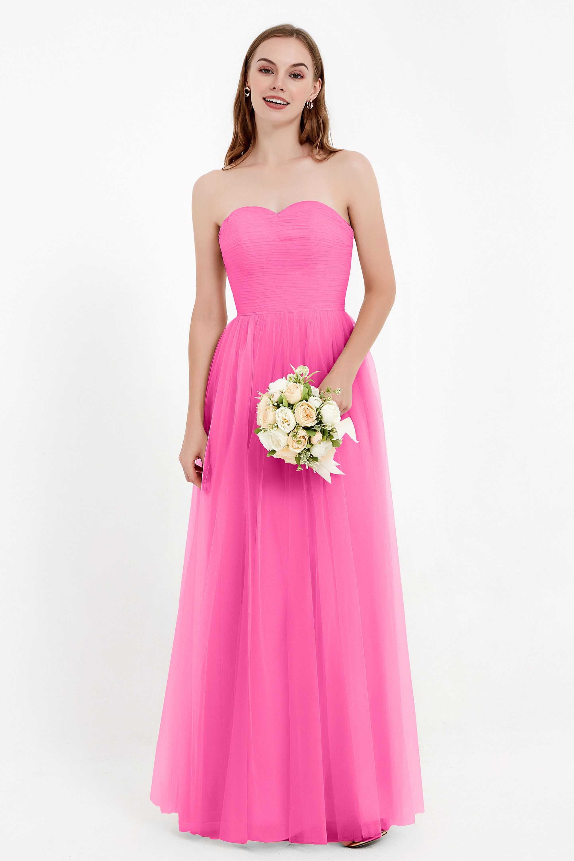Sweetheart Neckline Tulle Bridesmaid Dress Long Pleated Ruched Formal Evening Gowns Dresses