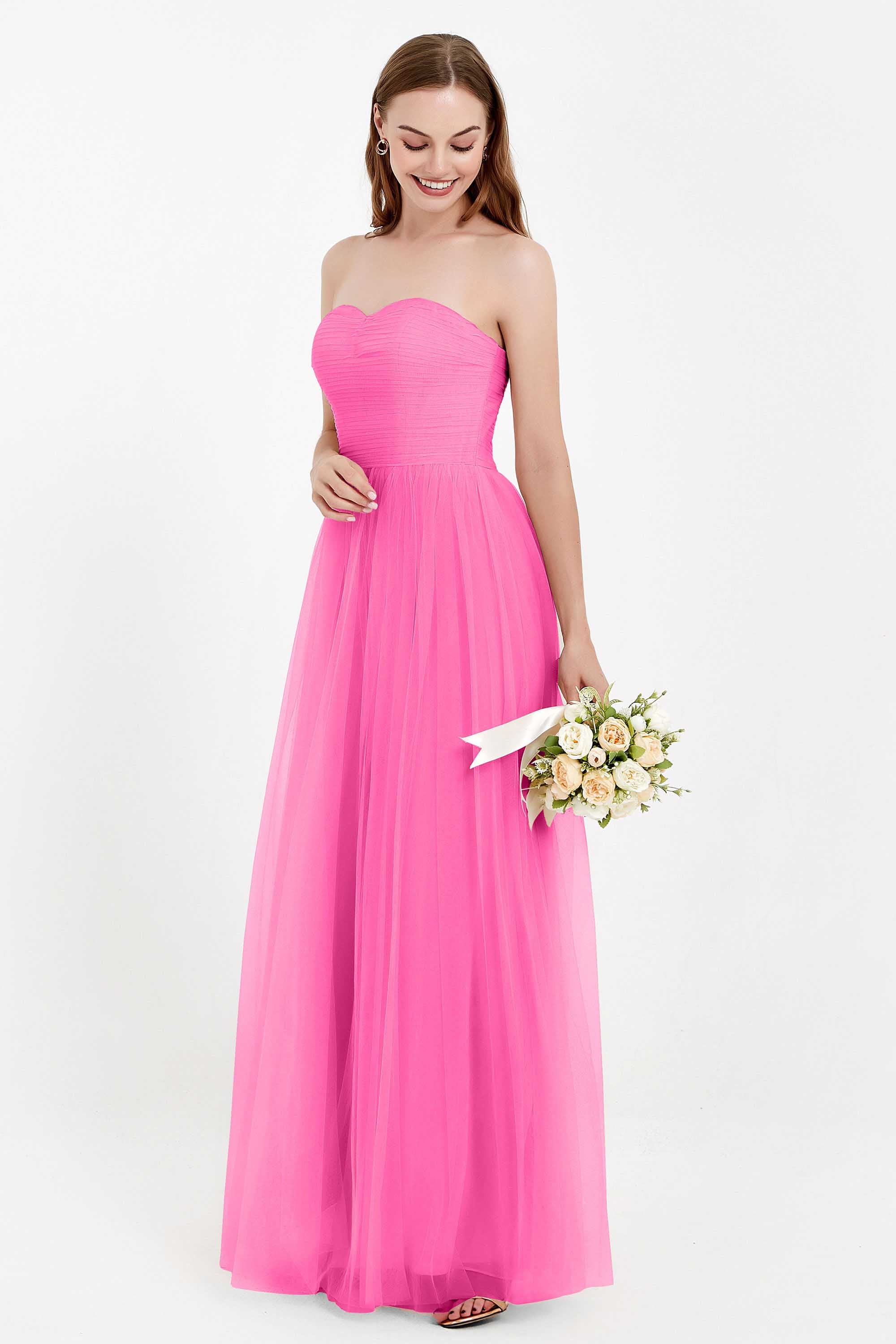 Sweetheart Neckline Tulle Bridesmaid Dress Long Pleated Ruched Formal Evening Gowns Dresses