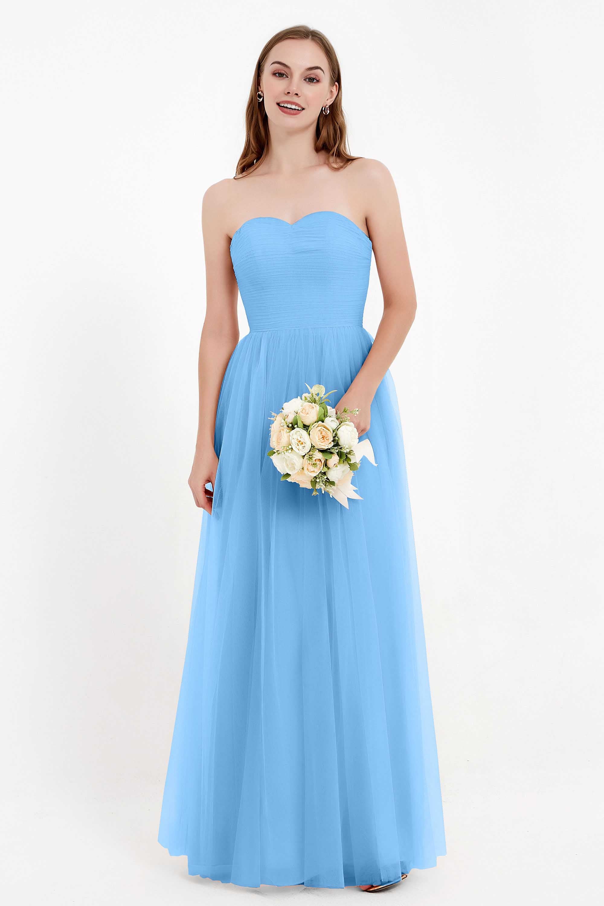 Sweetheart Neckline Tulle Bridesmaid Dress Long Pleated Ruched Formal Evening Gowns Dresses