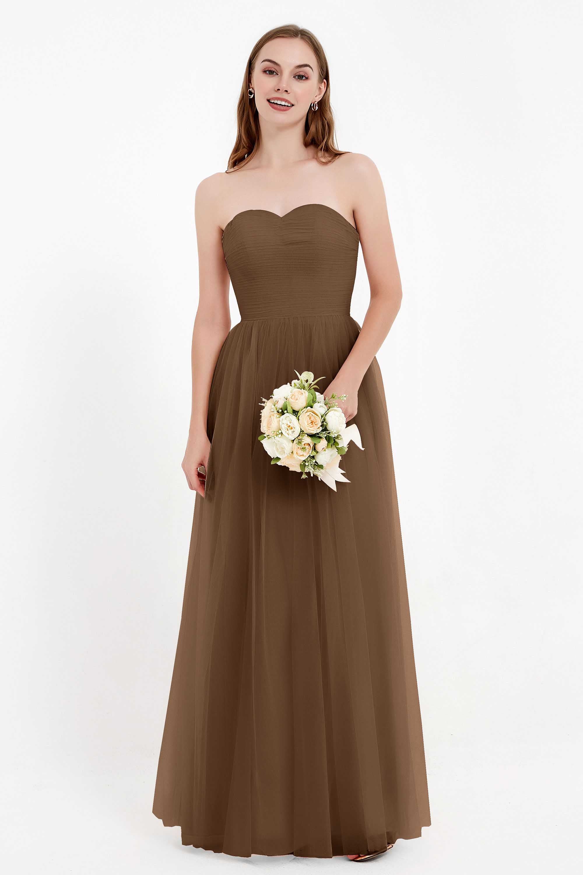 Sweetheart Neckline Tulle Bridesmaid Dress Long Pleated Ruched Formal Evening Gowns Dresses