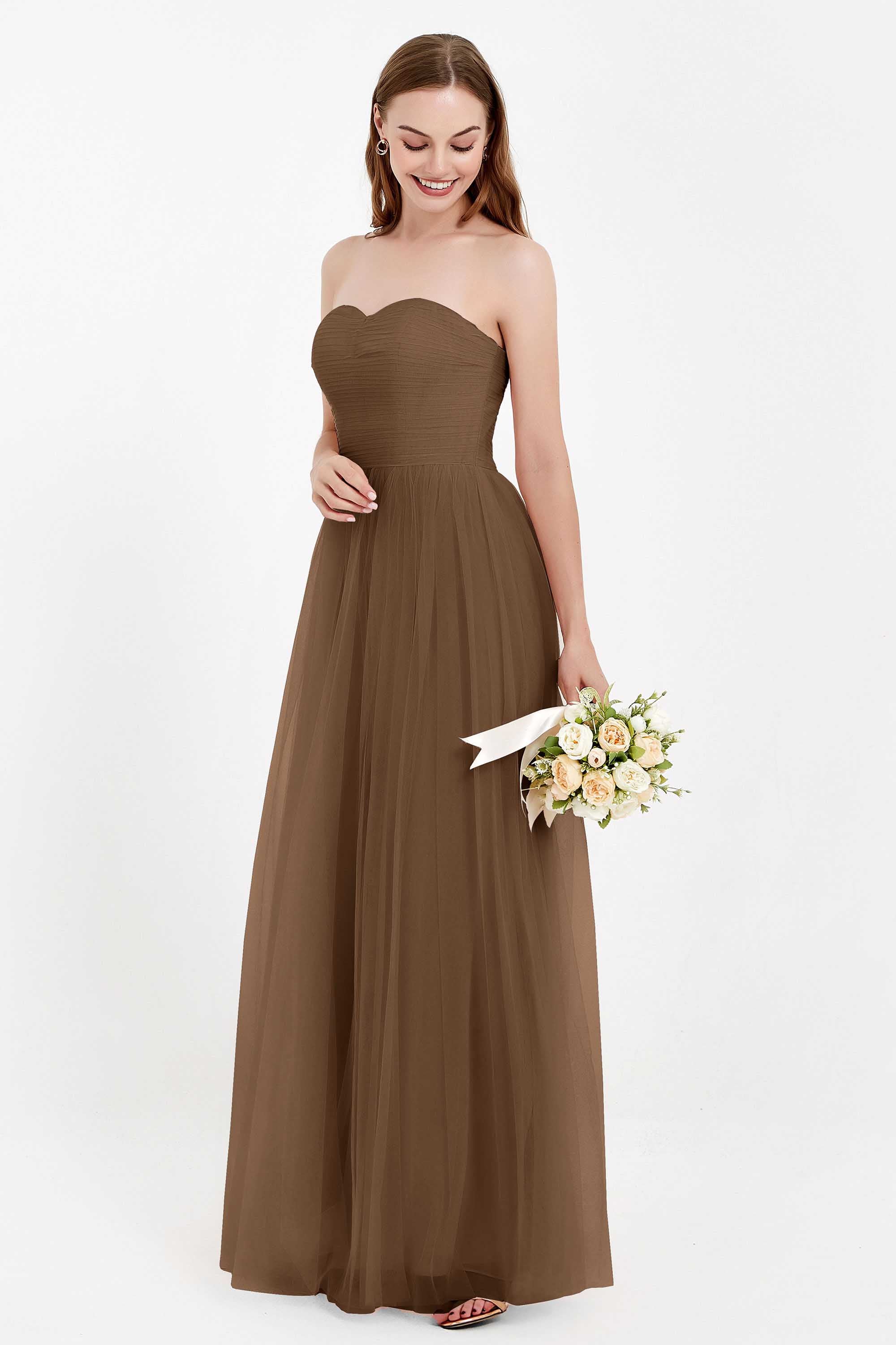 Sweetheart Neckline Tulle Bridesmaid Dress Long Pleated Ruched Formal Evening Gowns Dresses