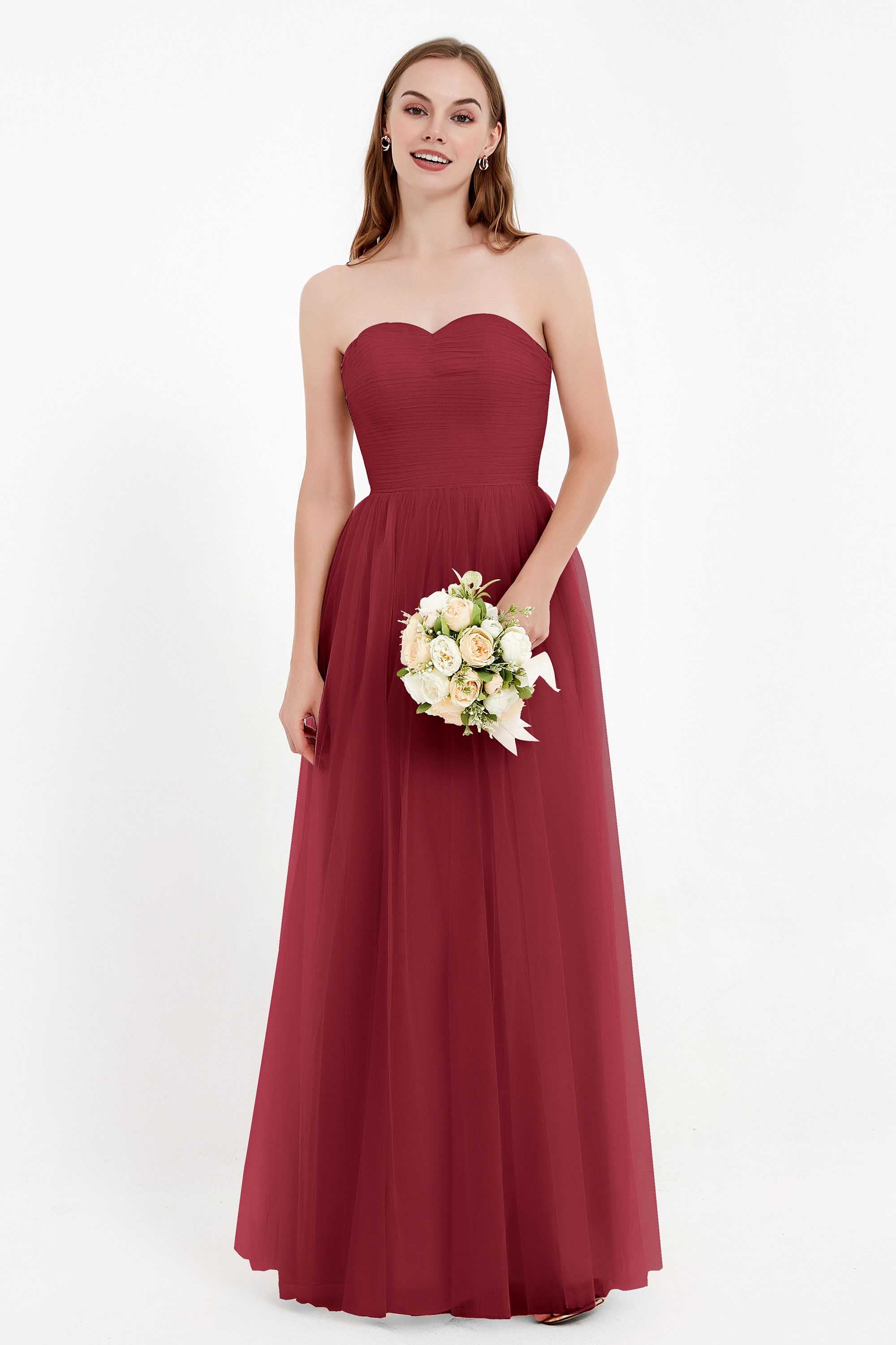 Sweetheart Neckline Tulle Bridesmaid Dress Long Pleated Ruched Formal Evening Gowns Dresses