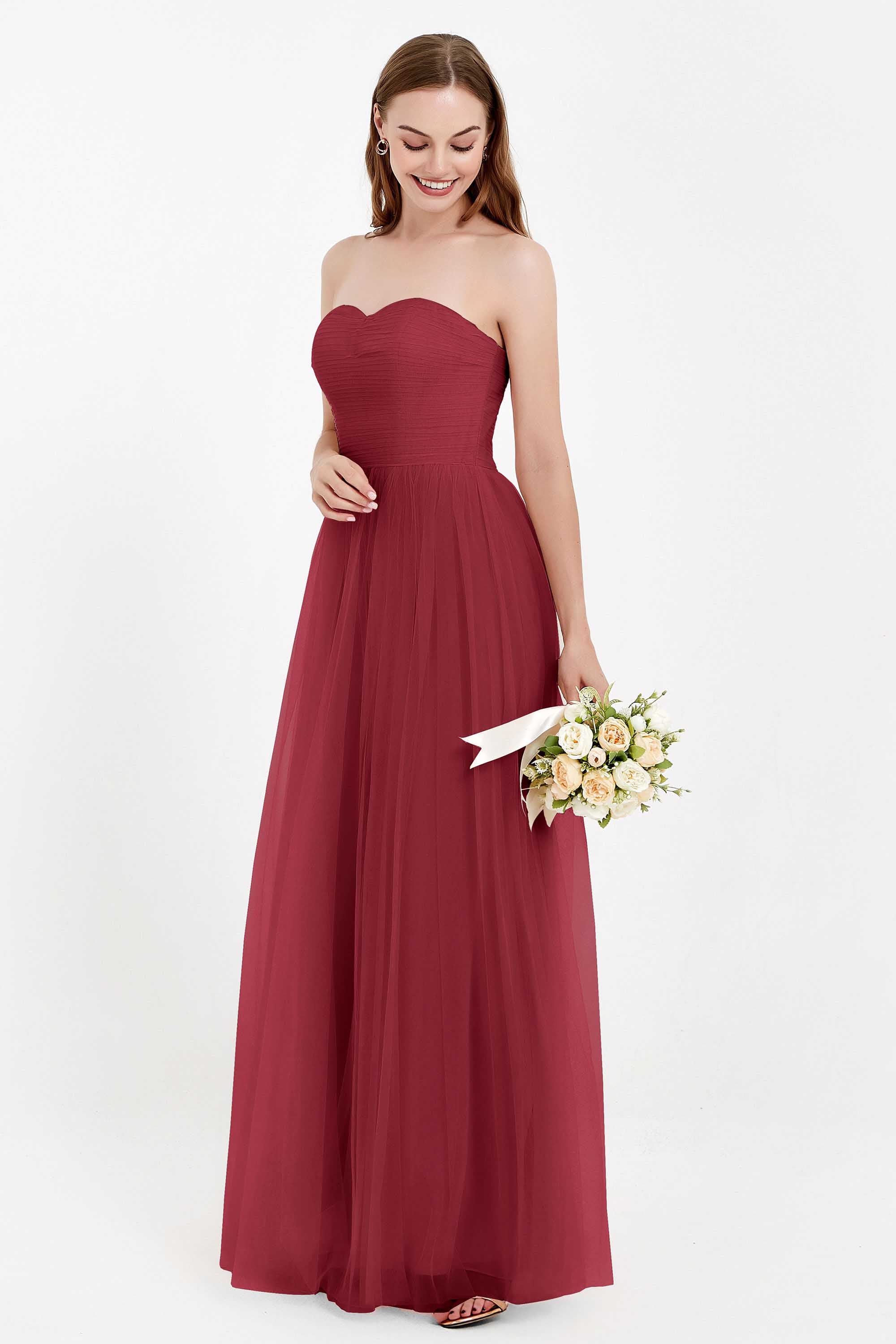 Sweetheart Neckline Tulle Bridesmaid Dress Long Pleated Ruched Formal Evening Gowns Dresses