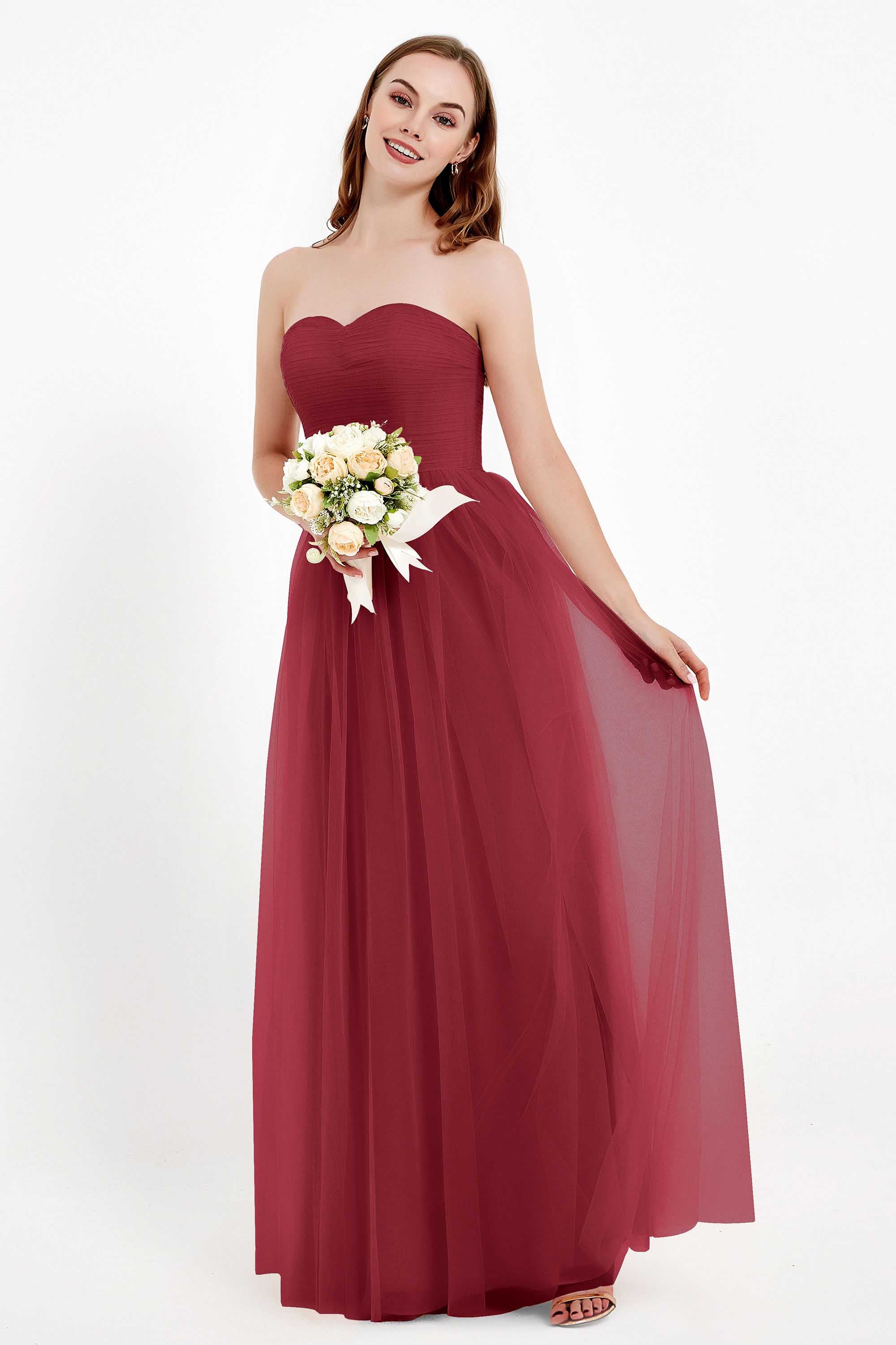 Sweetheart Neckline Tulle Bridesmaid Dress Long Pleated Ruched Formal Evening Gowns Dresses