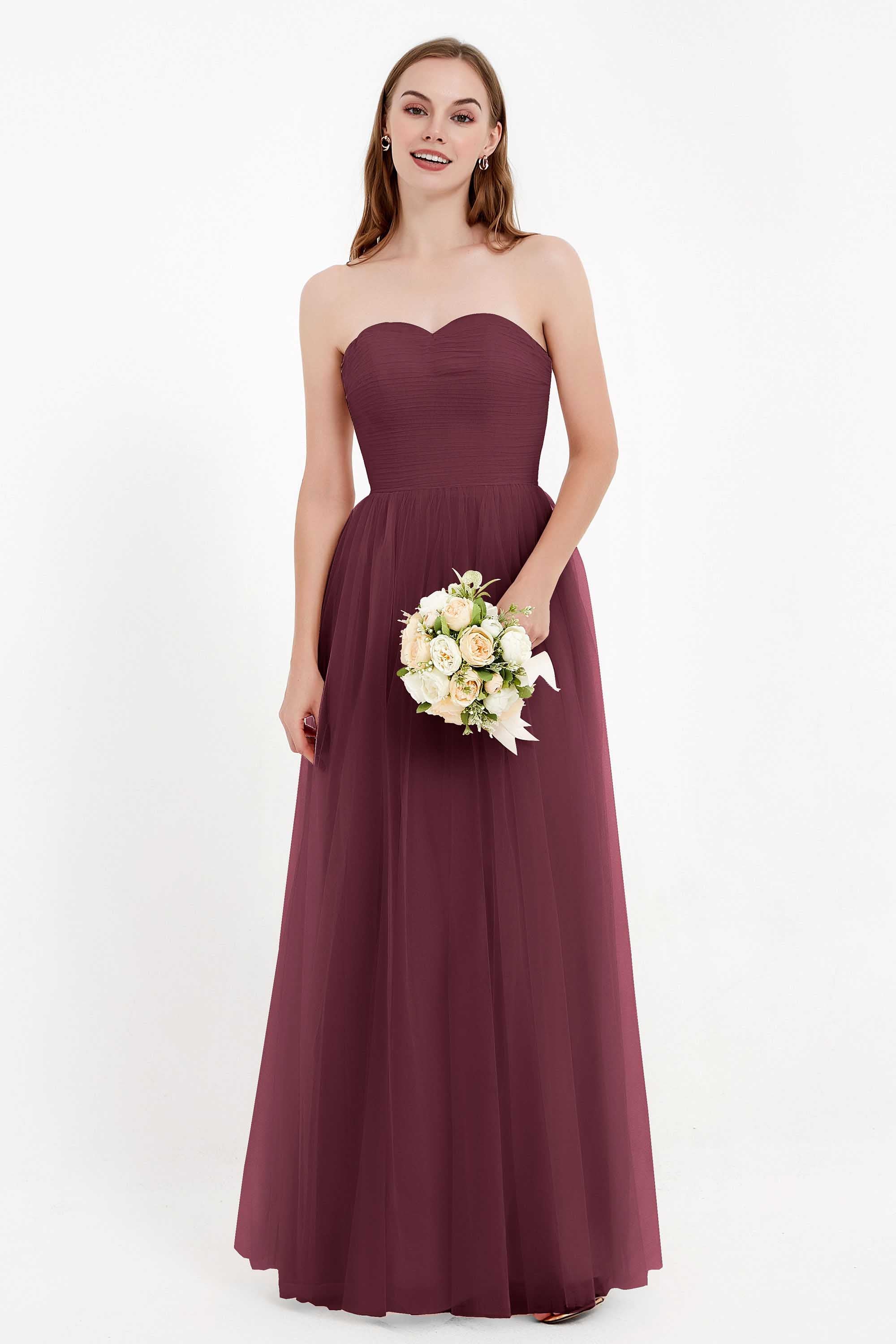 Sweetheart Neckline Tulle Bridesmaid Dress Long Pleated Ruched Formal Evening Gowns Dresses