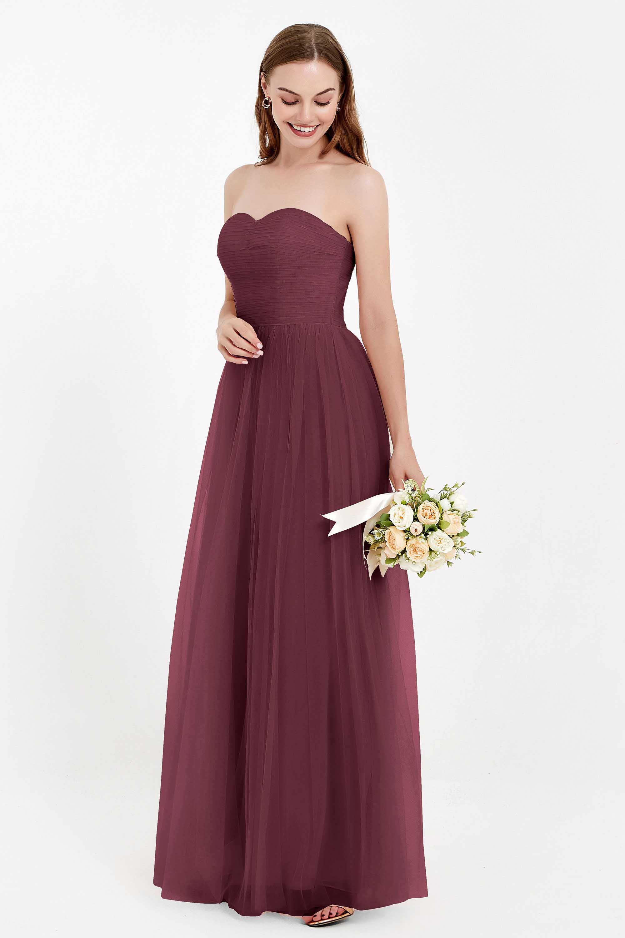 Sweetheart Neckline Tulle Bridesmaid Dress Long Pleated Ruched Formal Evening Gowns Dresses