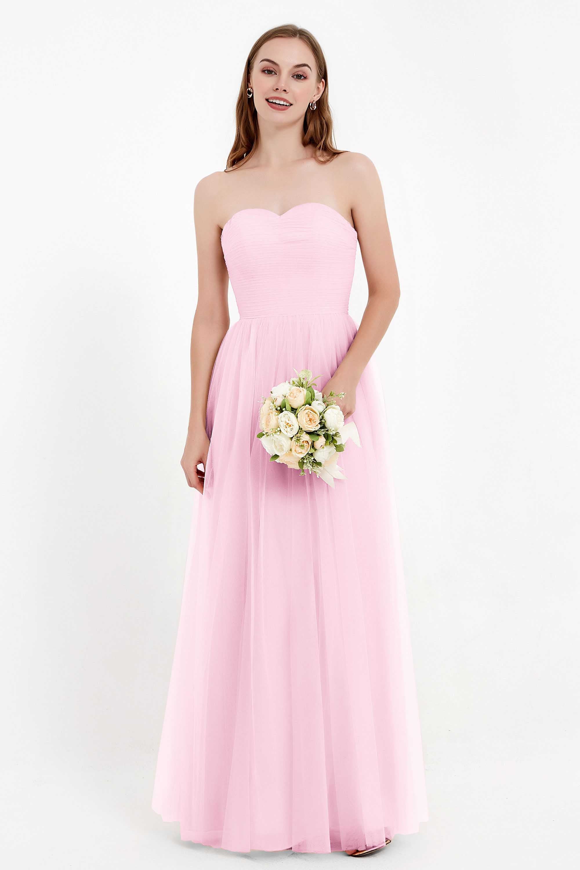 Sweetheart Neckline Tulle Bridesmaid Dress Long Pleated Ruched Formal Evening Gowns Dresses