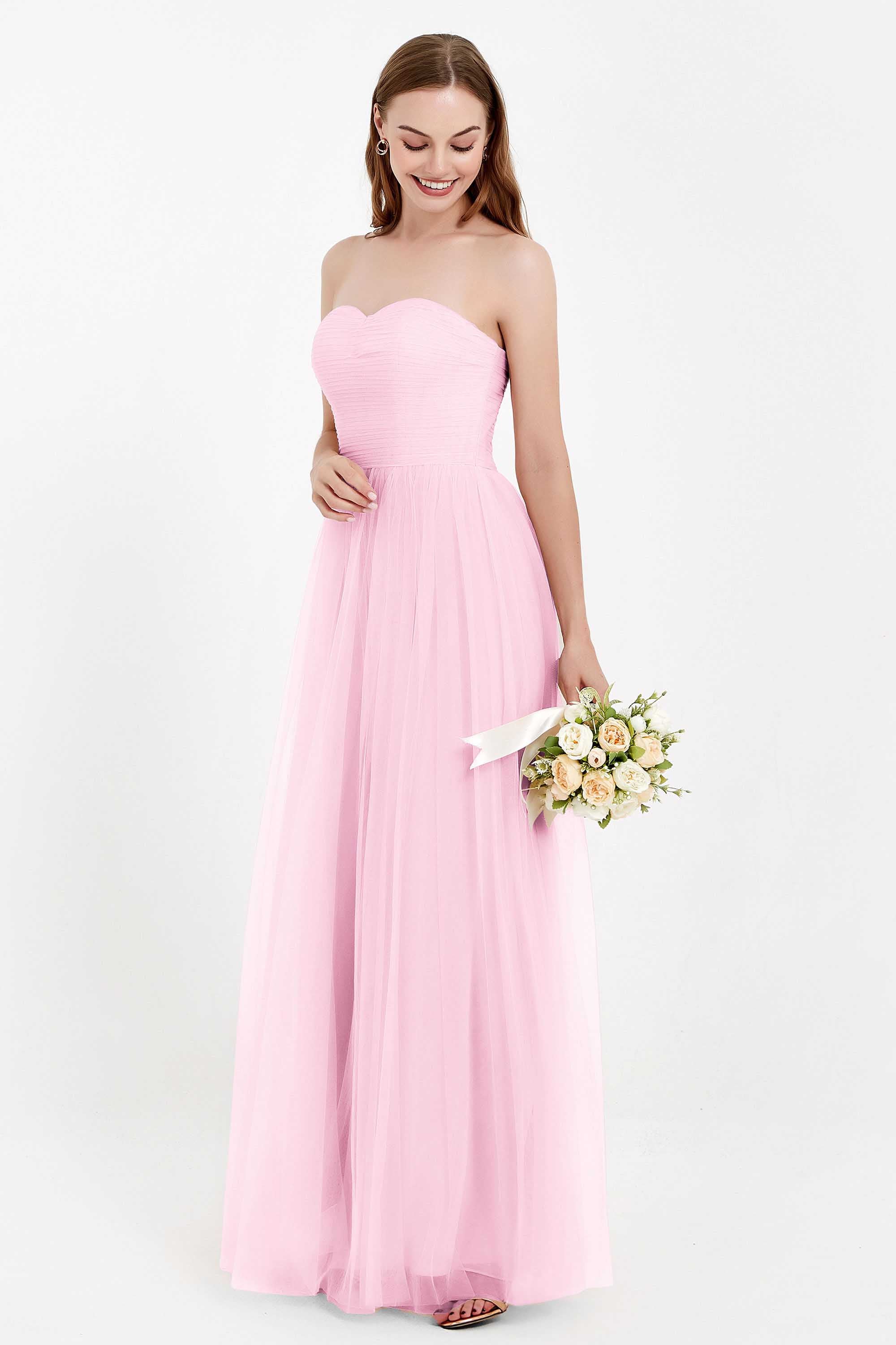 Sweetheart Neckline Tulle Bridesmaid Dress Long Pleated Ruched Formal Evening Gowns Dresses