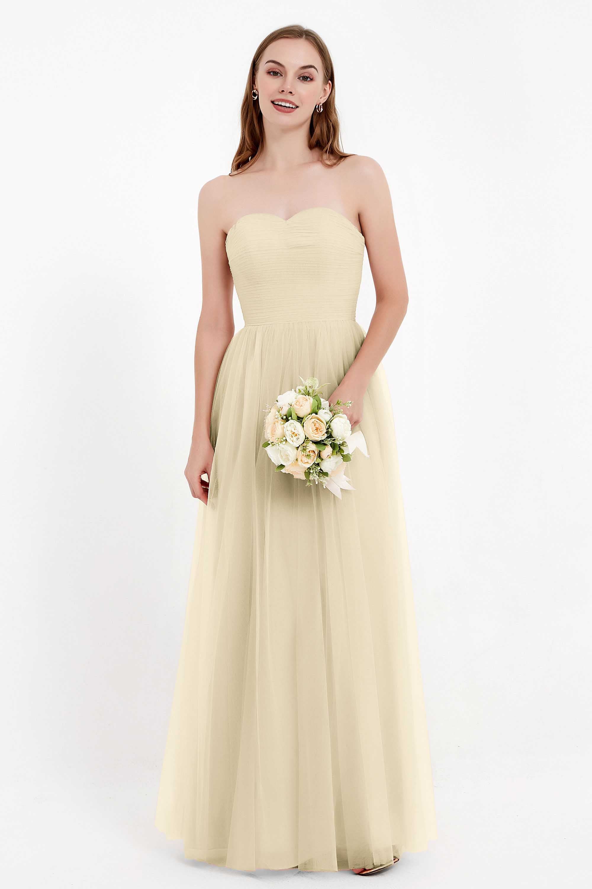 Sweetheart Neckline Tulle Bridesmaid Dress Long Pleated Ruched Formal Evening Gowns Dresses