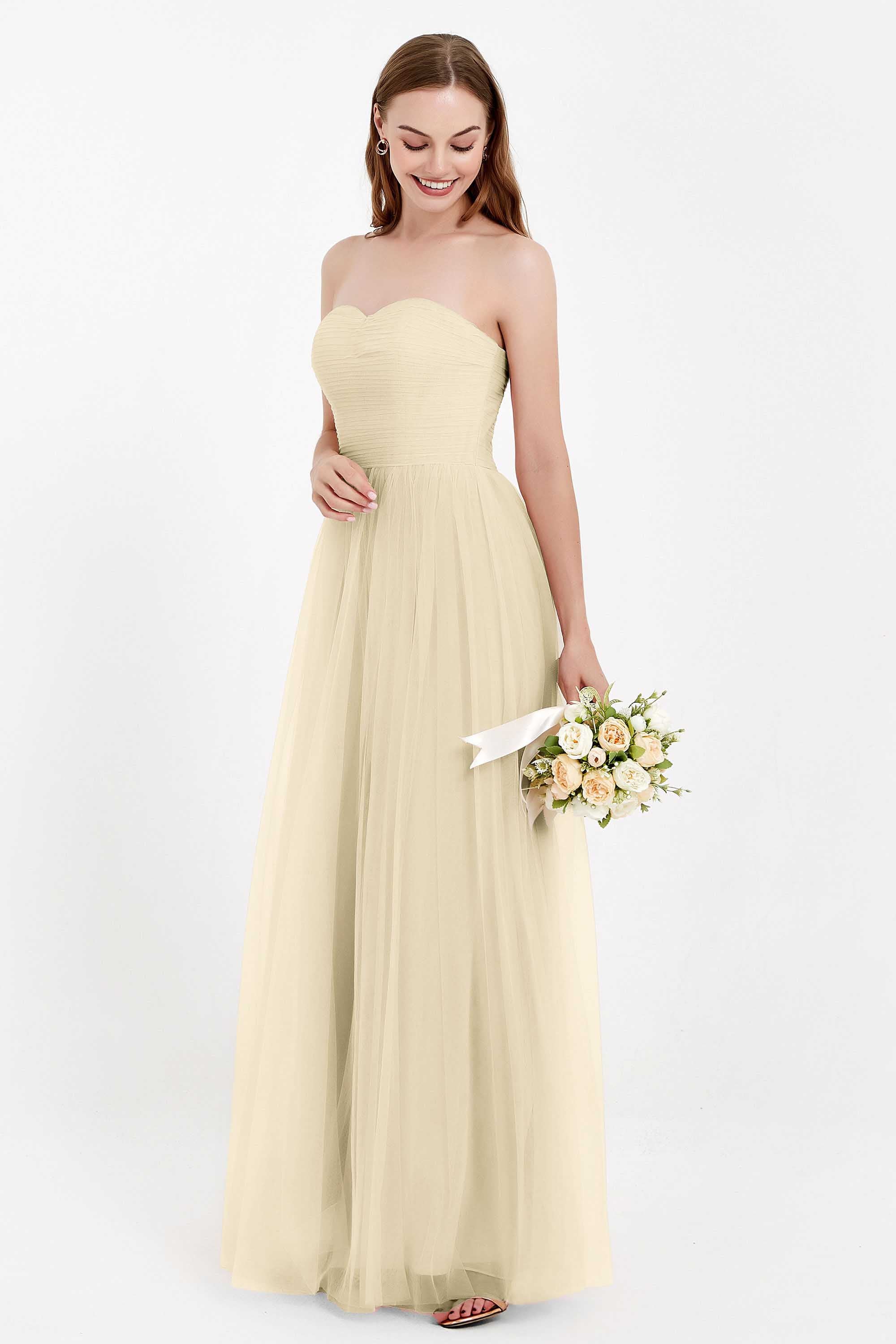 Sweetheart Neckline Tulle Bridesmaid Dress Long Pleated Ruched Formal Evening Gowns Dresses