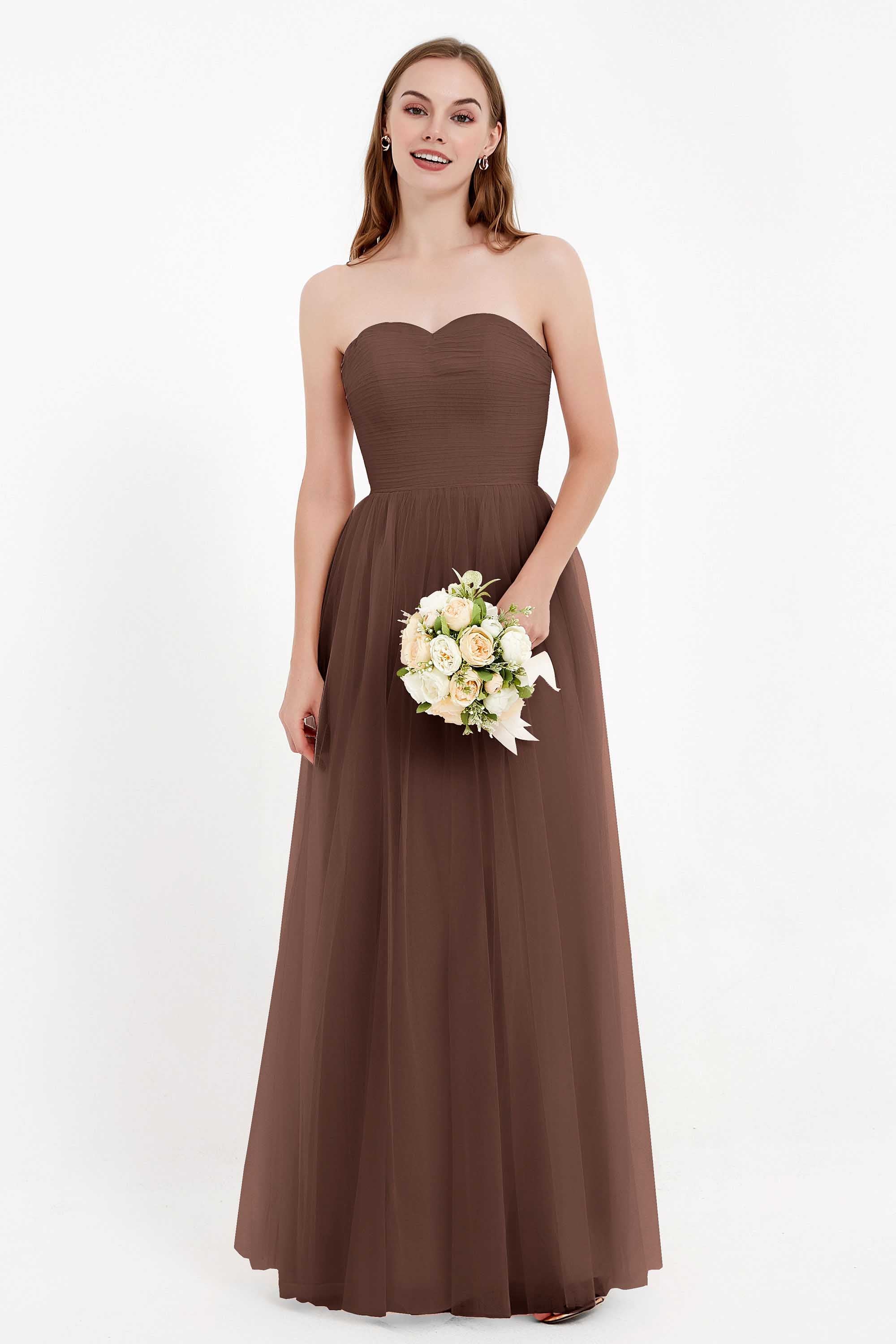 Sweetheart Neckline Tulle Bridesmaid Dress Long Pleated Ruched Formal Evening Gowns Dresses