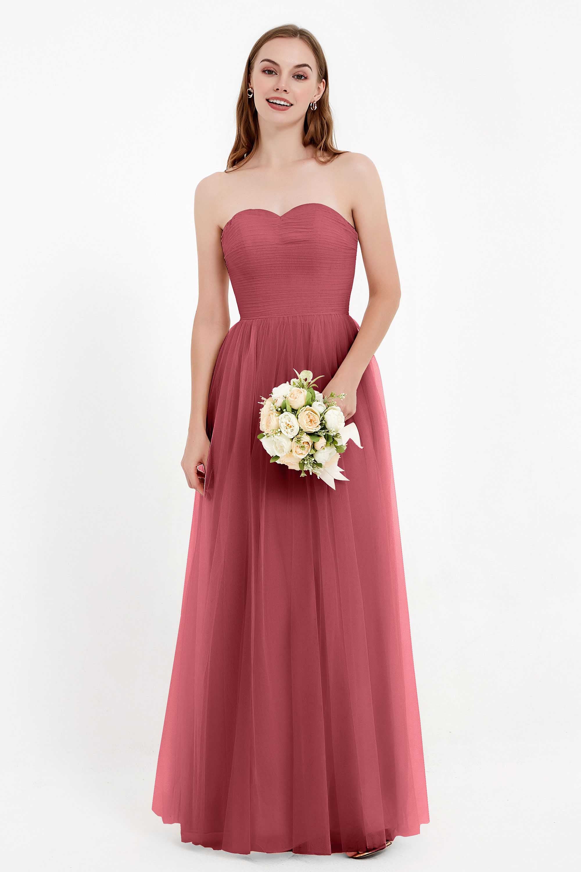 Sweetheart Neckline Tulle Bridesmaid Dress Long Pleated Ruched Formal Evening Gowns Dresses