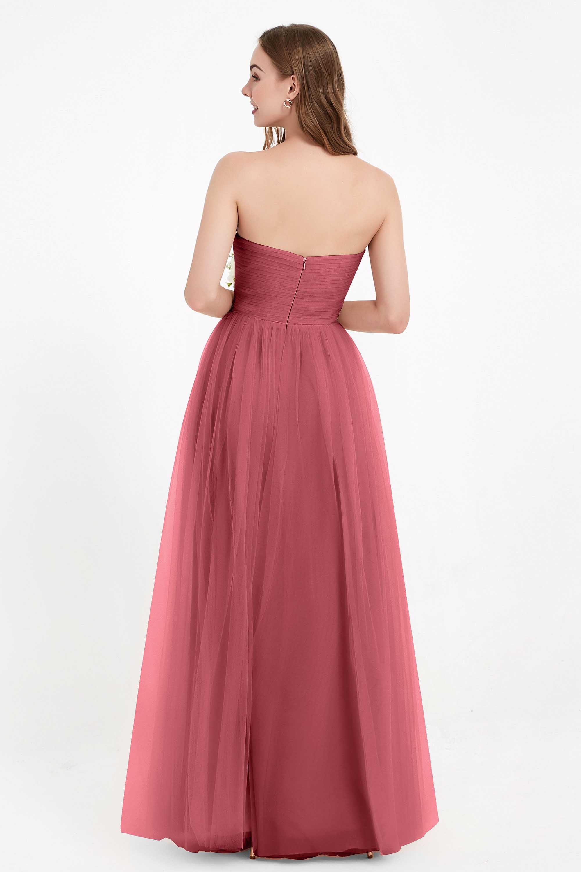Sweetheart Neckline Tulle Bridesmaid Dress Long Pleated Ruched Formal Evening Gowns Dresses