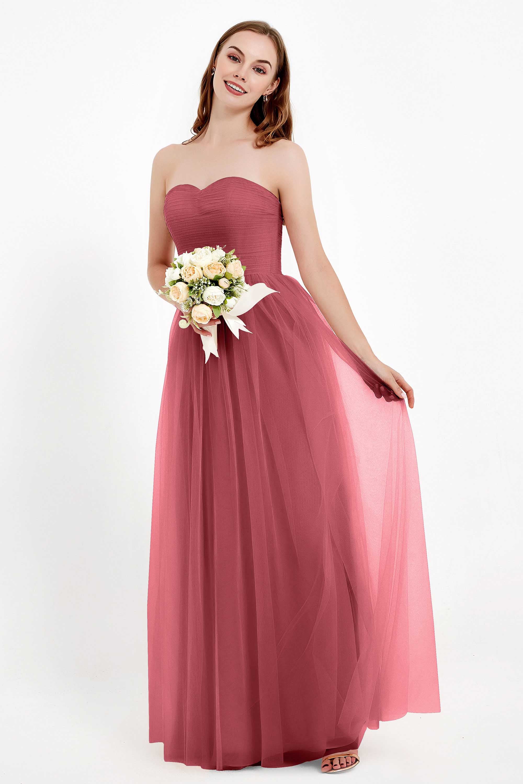 Sweetheart Neckline Tulle Bridesmaid Dress Long Pleated Ruched Formal Evening Gowns Dresses