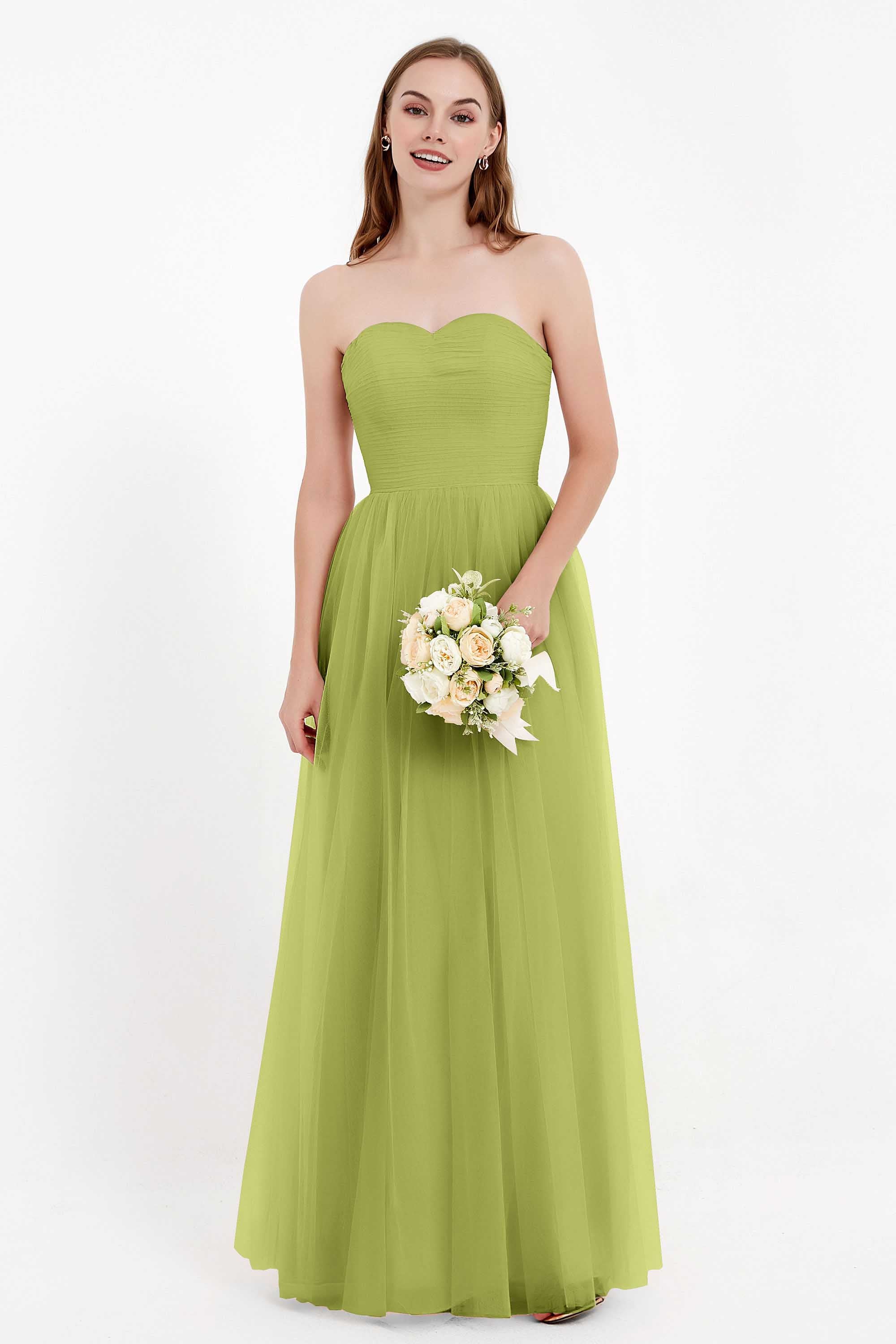 Sweetheart Neckline Tulle Bridesmaid Dress Long Pleated Ruched Formal Evening Gowns Dresses