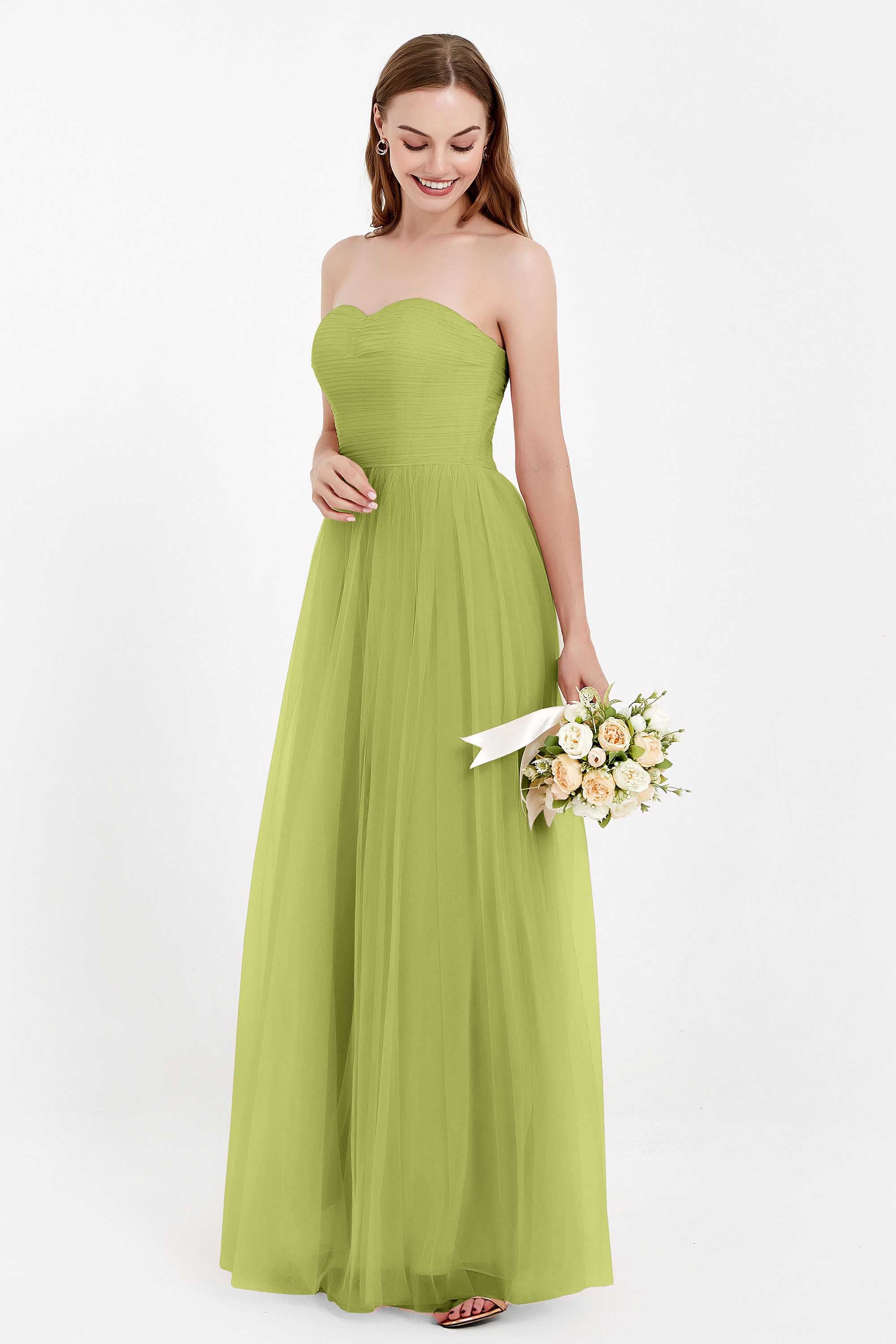 Sweetheart Neckline Tulle Bridesmaid Dress Long Pleated Ruched Formal Evening Gowns Dresses