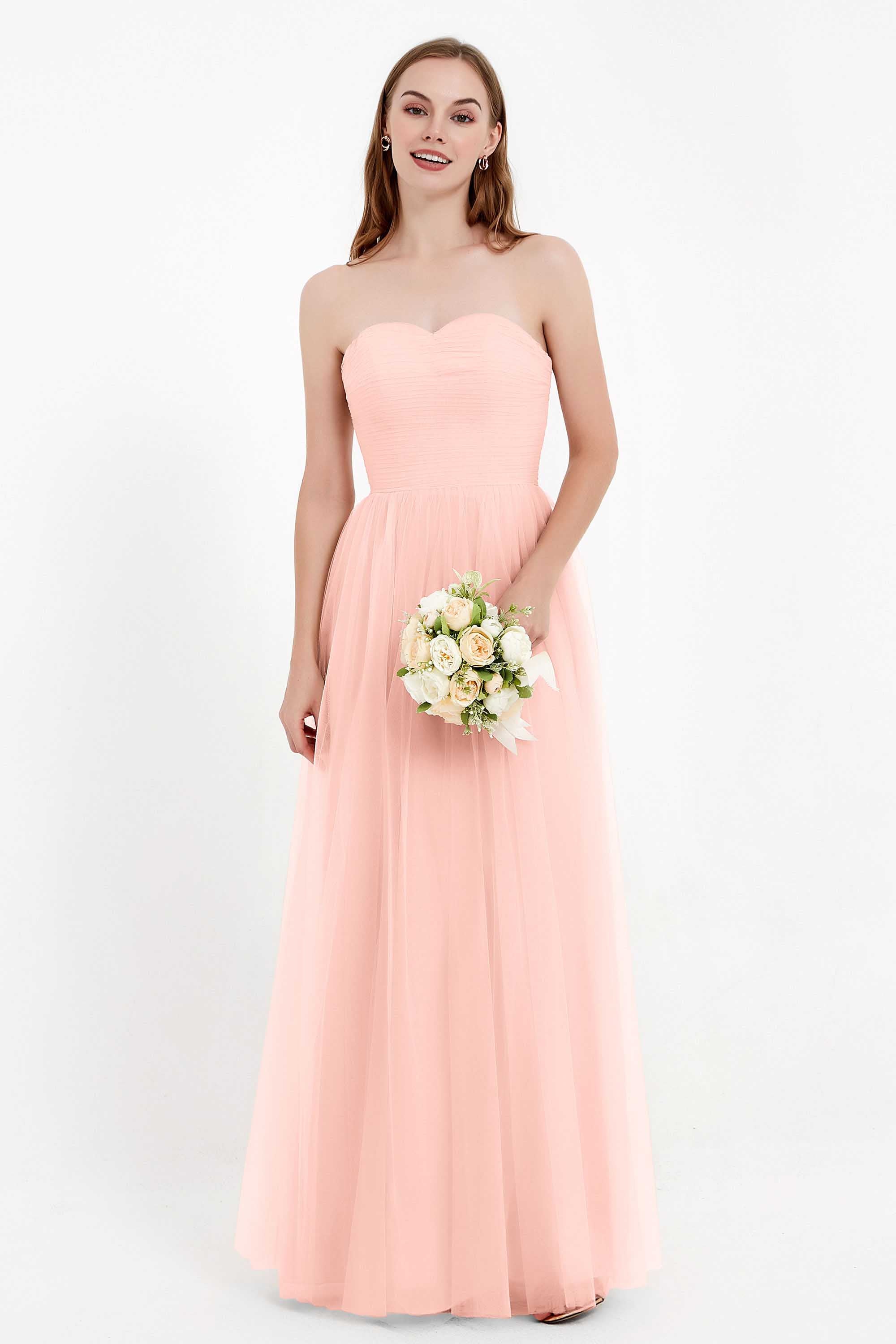 Sweetheart Neckline Tulle Bridesmaid Dress Long Pleated Ruched Formal Evening Gowns Dresses