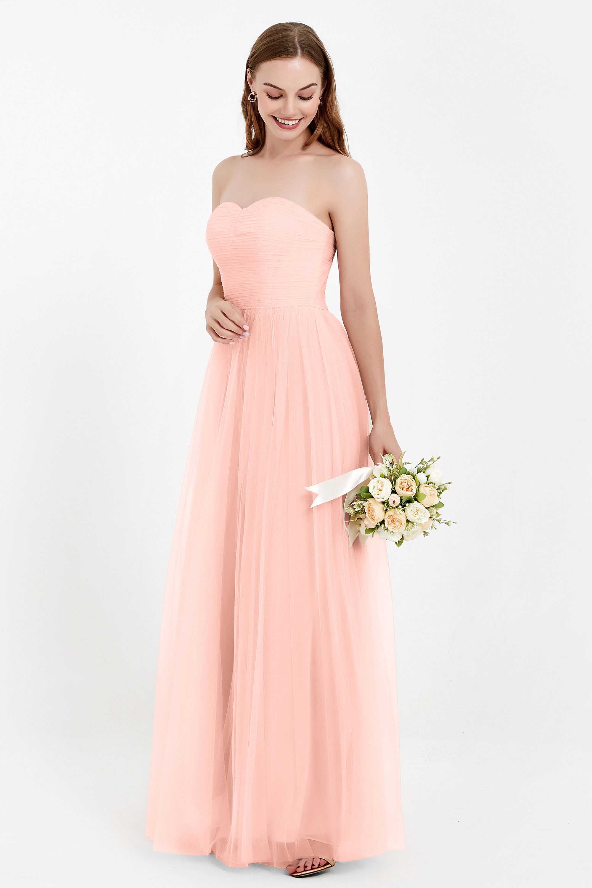 Sweetheart Neckline Tulle Bridesmaid Dress Long Pleated Ruched Formal Evening Gowns Dresses