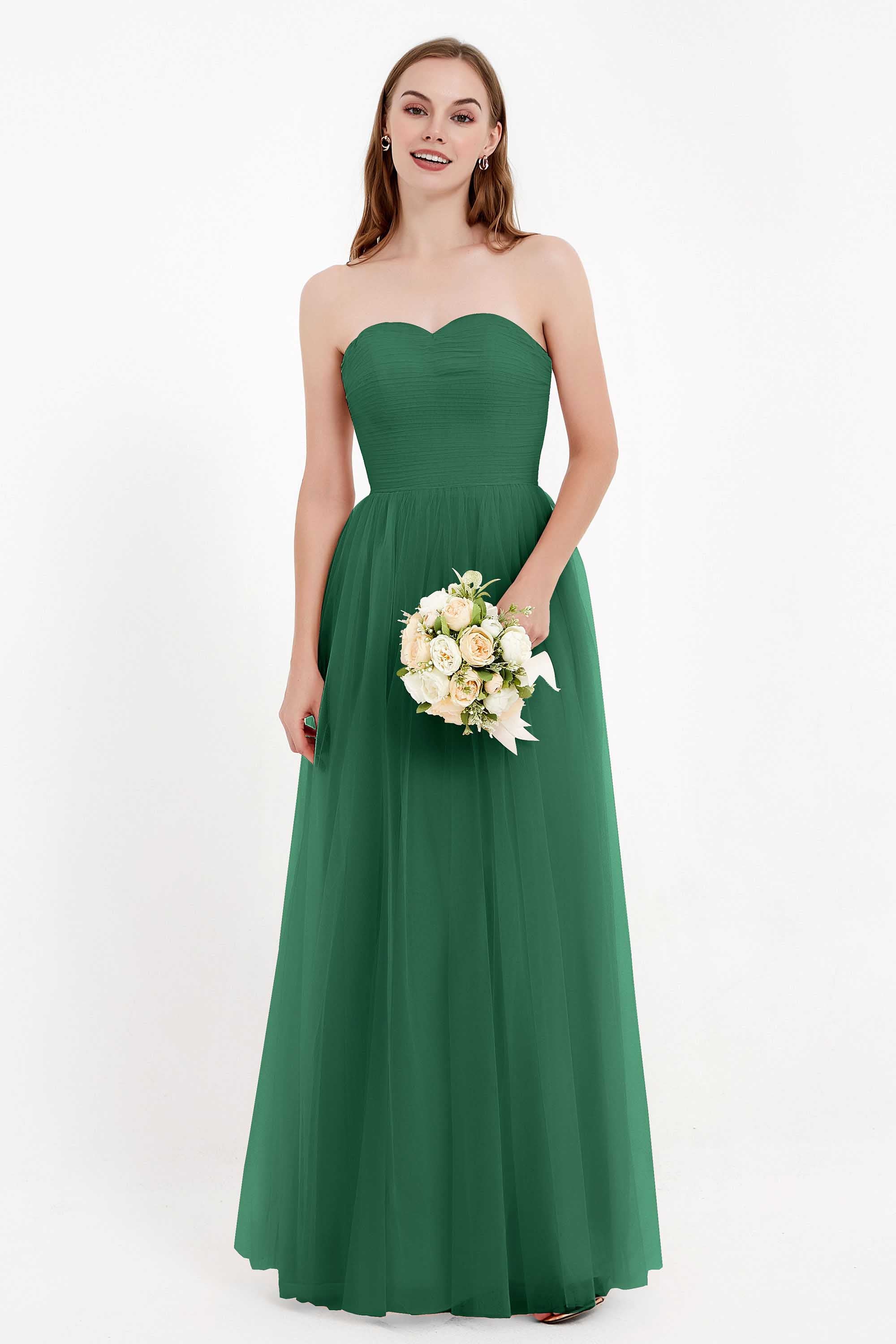 Sweetheart Neckline Tulle Bridesmaid Dress Long Pleated Ruched Formal Evening Gowns Dresses