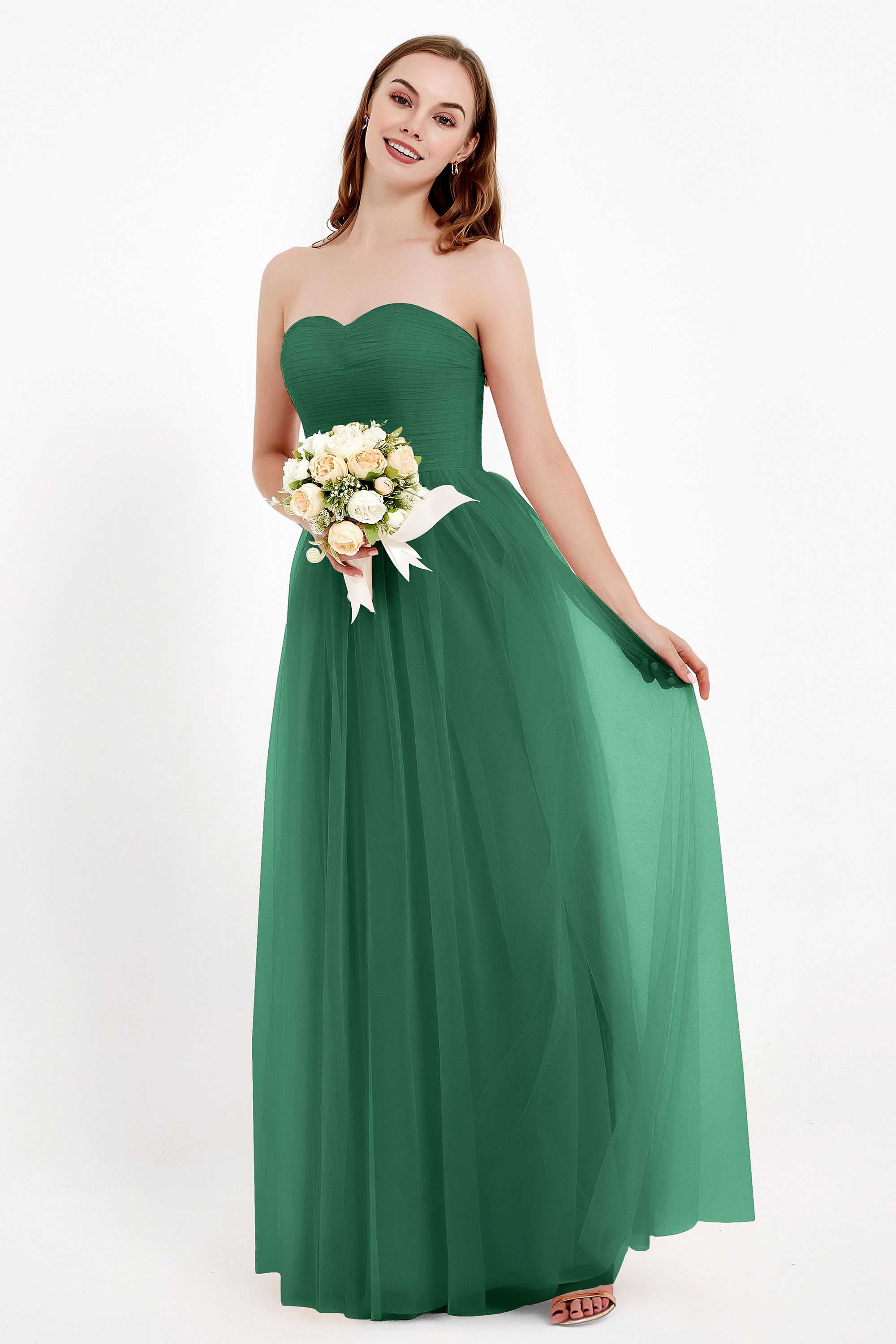 Sweetheart Neckline Tulle Bridesmaid Dress Long Pleated Ruched Formal Evening Gowns Dresses