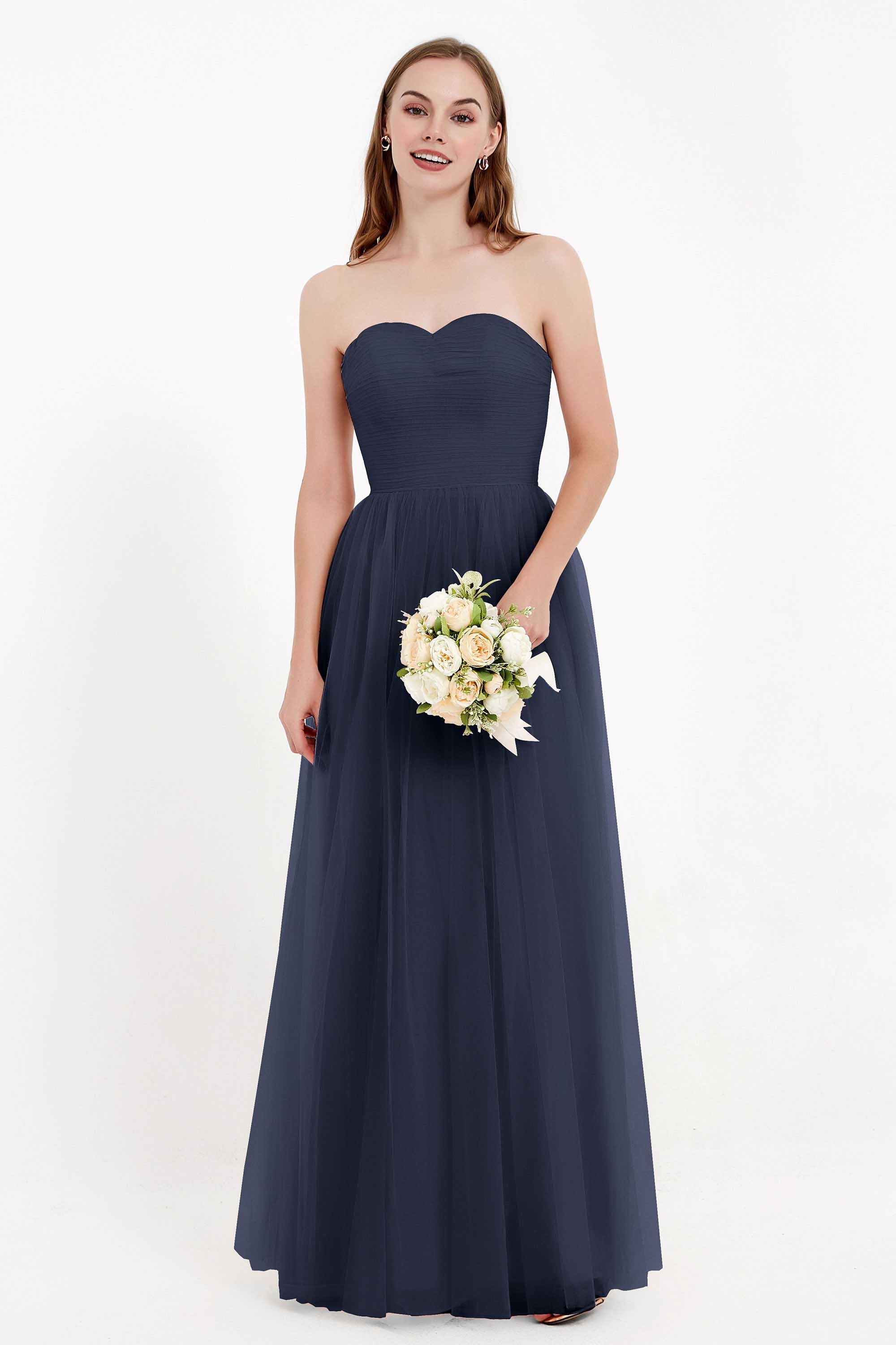 Sweetheart Neckline Tulle Bridesmaid Dress Long Pleated Ruched Formal Evening Gowns Dresses