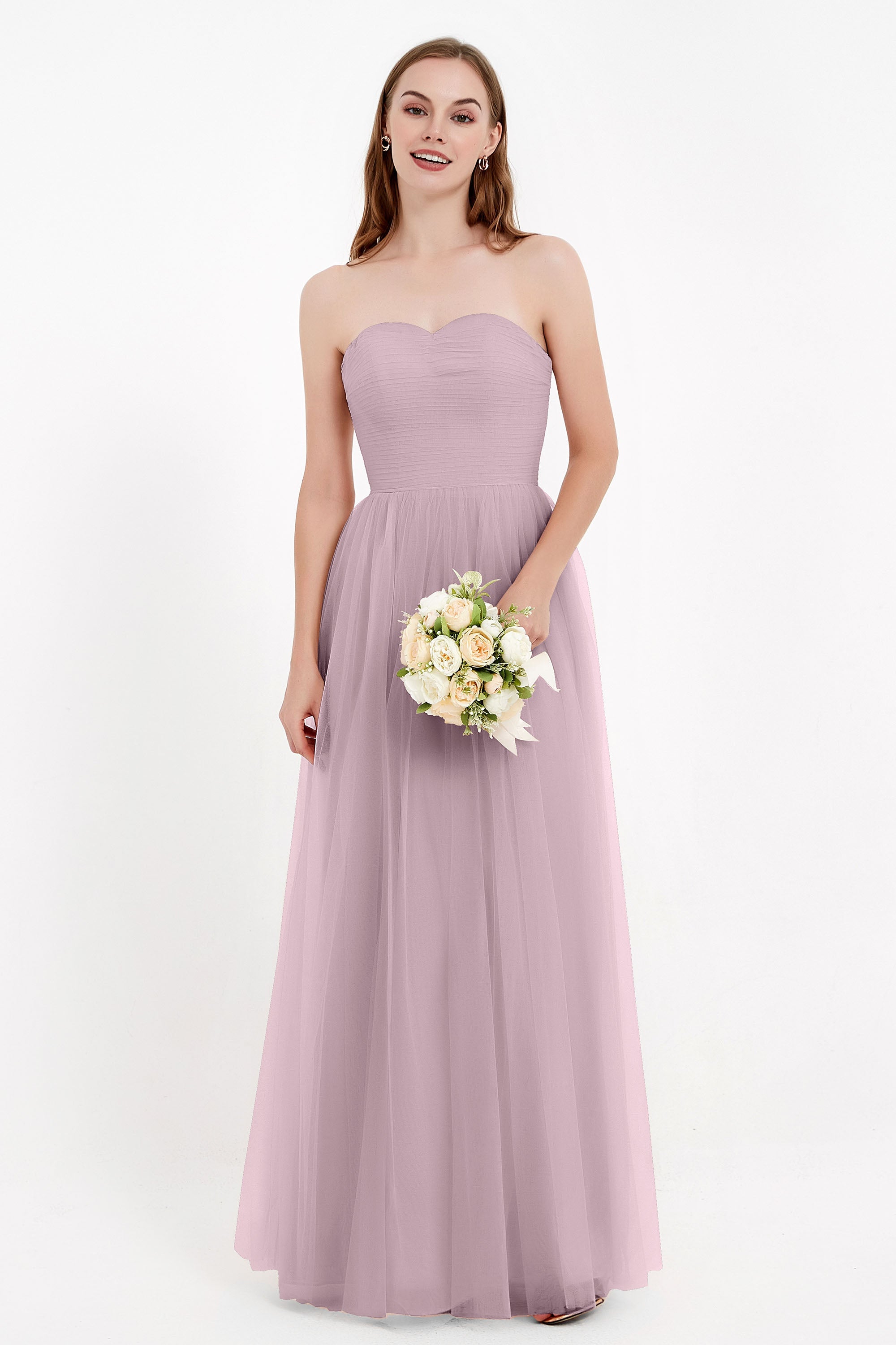Sweetheart Neckline Tulle Bridesmaid Dress Long Pleated Ruched Formal Evening Gowns Dresses