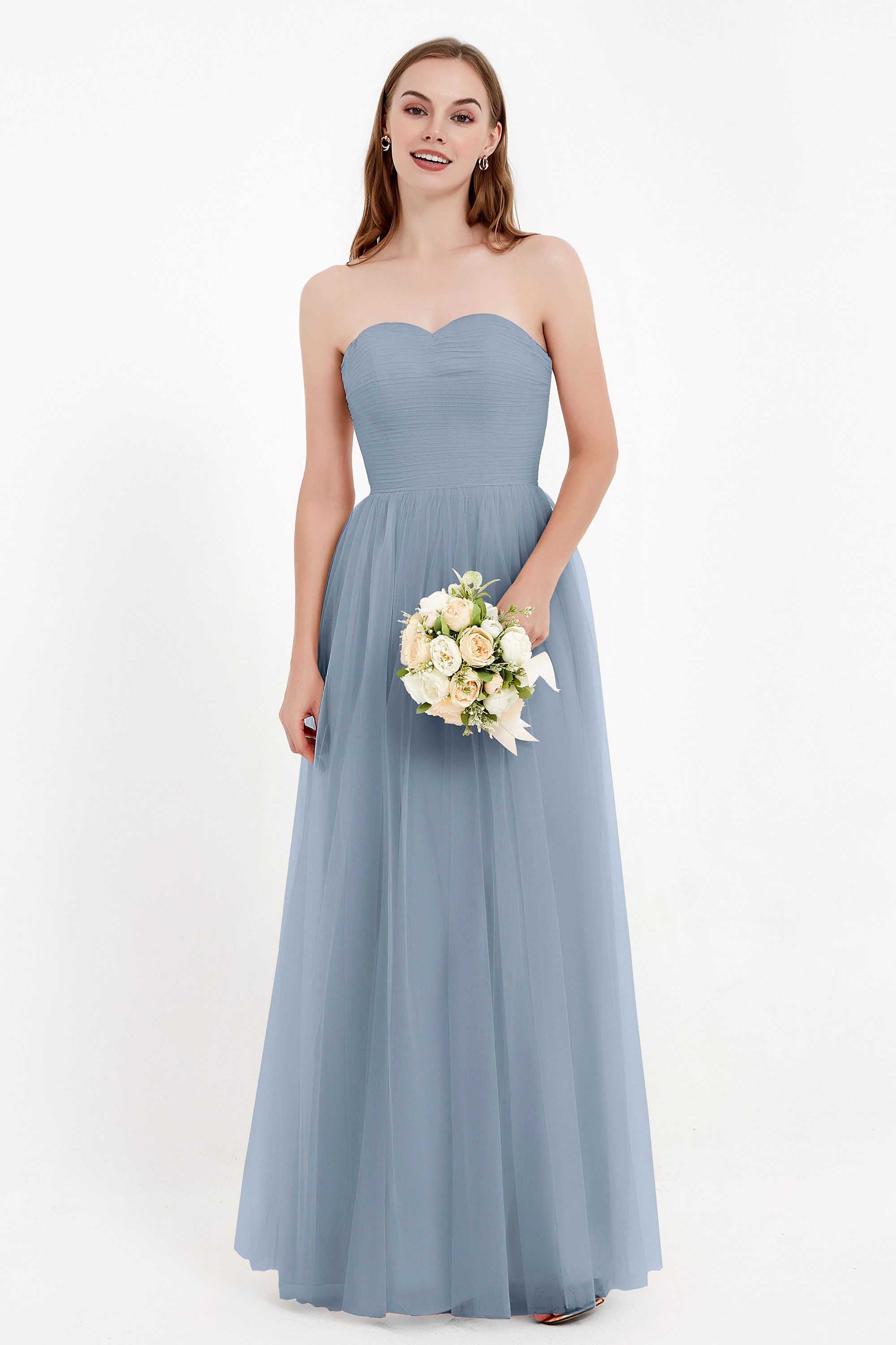 Sweetheart Neckline Tulle Bridesmaid Dress Long Pleated Ruched Formal Evening Gowns Dresses