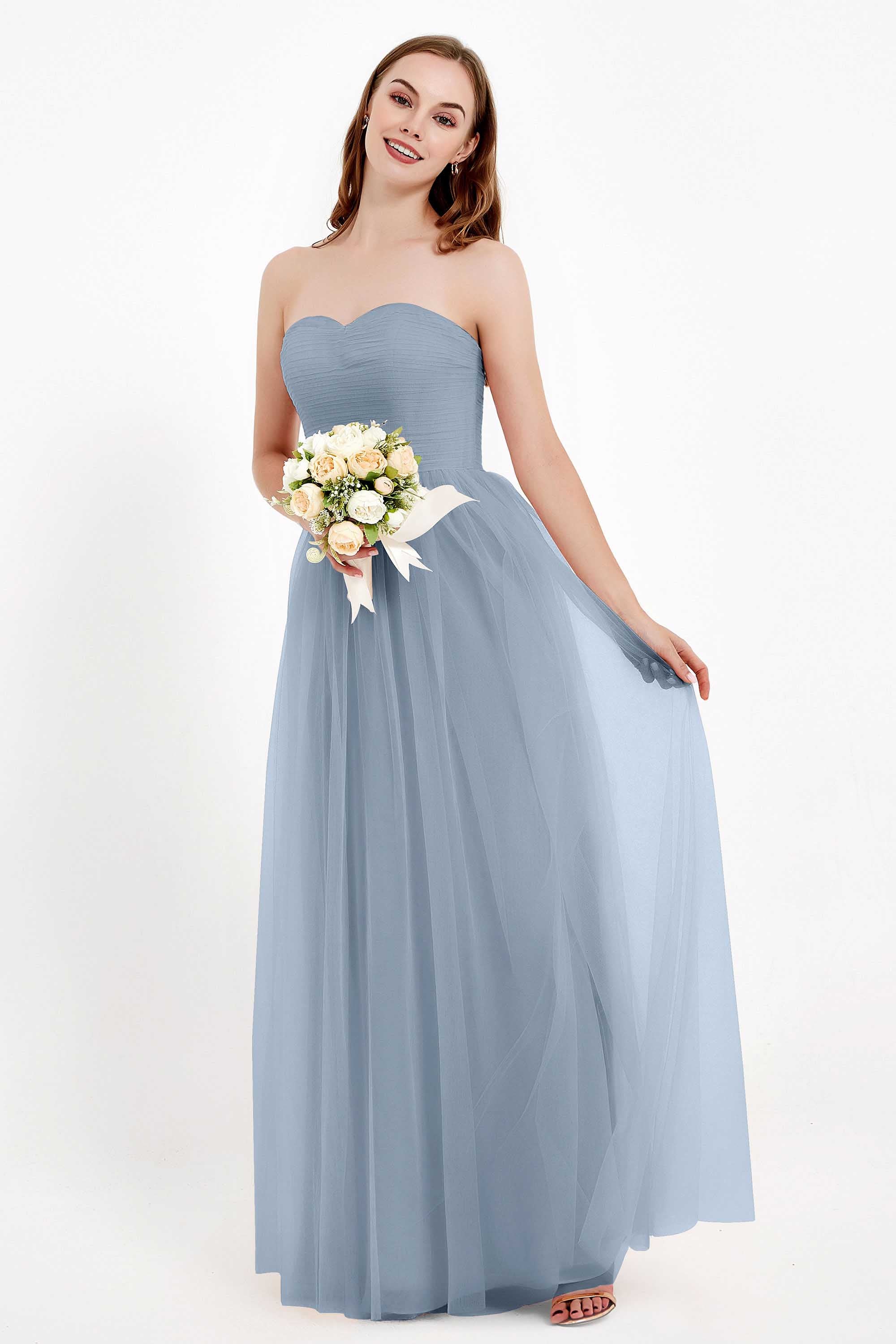 Sweetheart Neckline Tulle Bridesmaid Dress Long Pleated Ruched Formal Evening Gowns Dresses