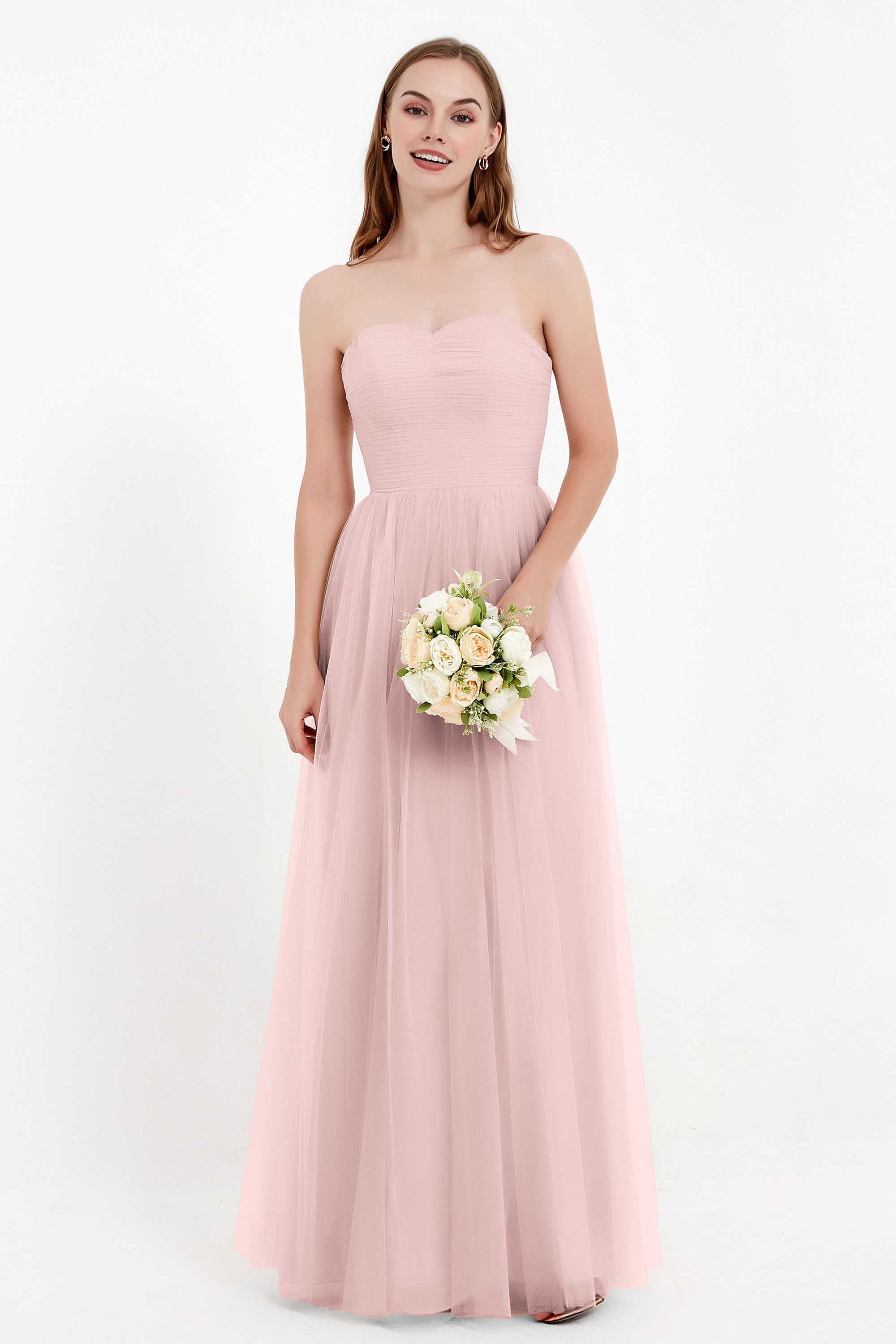 Sweetheart Neckline Tulle Bridesmaid Dress Long Pleated Ruched Formal Evening Gowns Dresses
