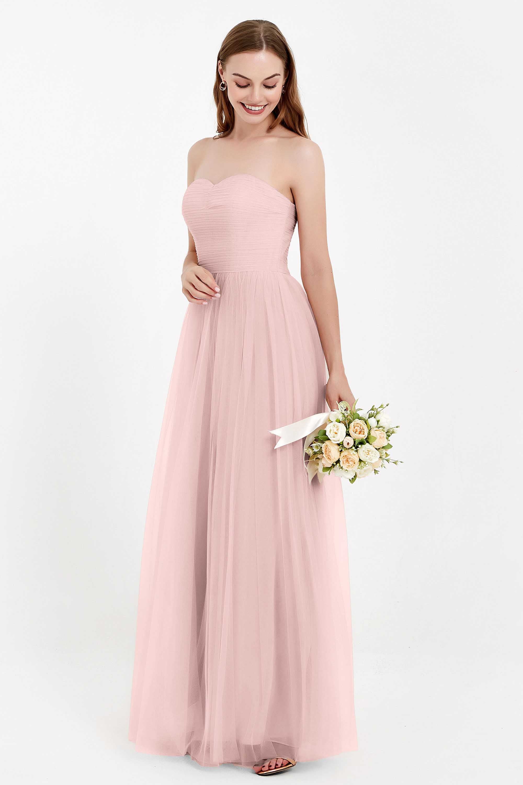 Sweetheart Neckline Tulle Bridesmaid Dress Long Pleated Ruched Formal Evening Gowns Dresses