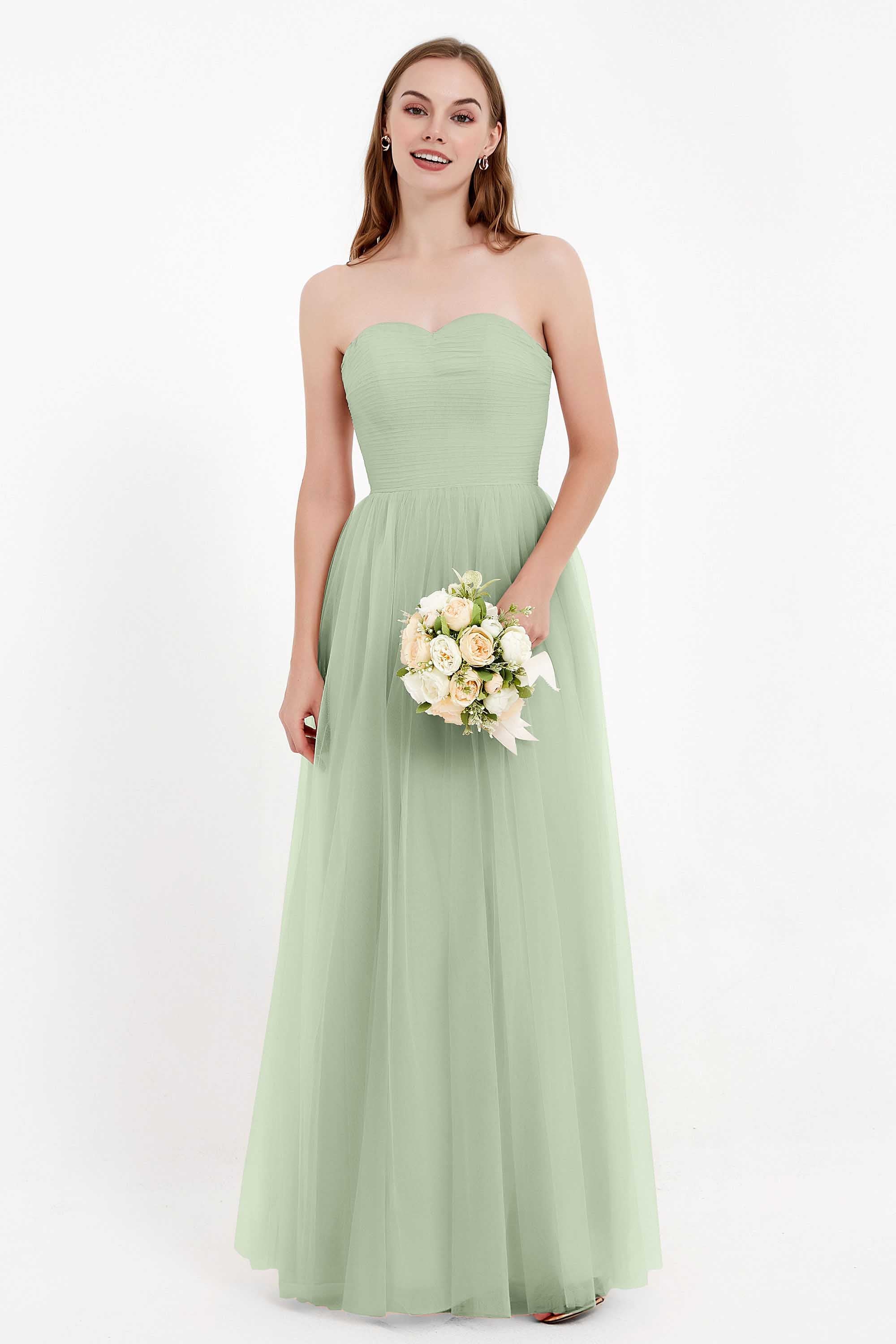 Sweetheart Neckline Tulle Bridesmaid Dress Long Pleated Ruched Formal Evening Gowns Dresses