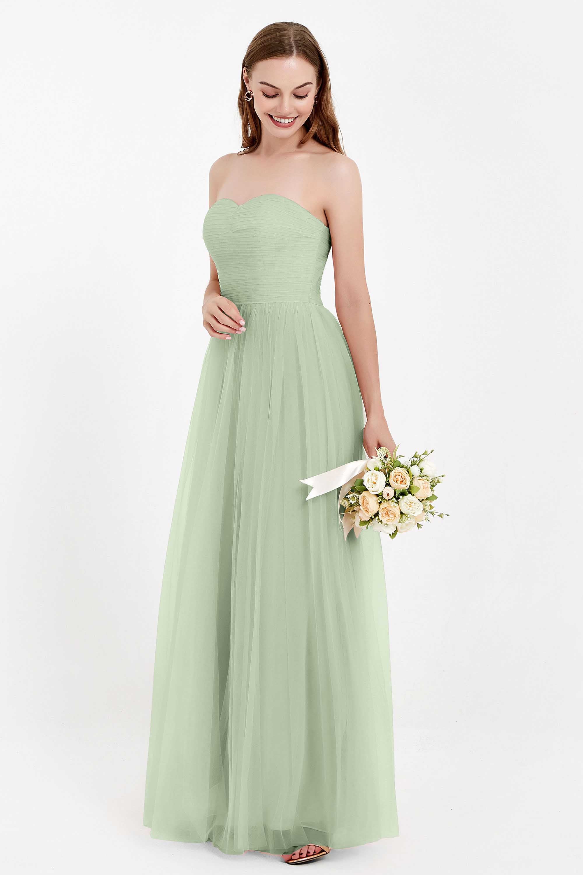 Sweetheart Neckline Tulle Bridesmaid Dress Long Pleated Ruched Formal Evening Gowns Dresses