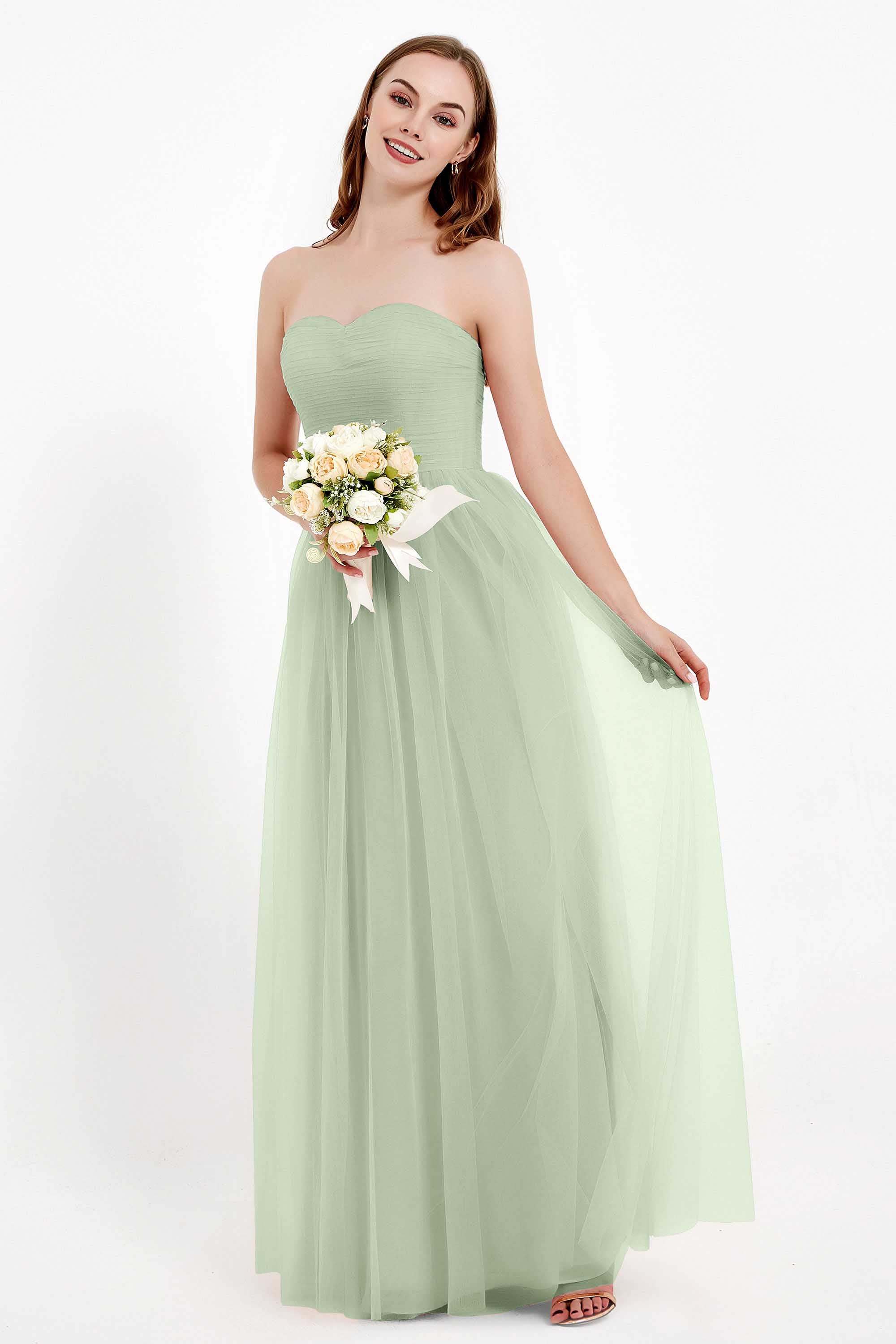 Sweetheart Neckline Tulle Bridesmaid Dress Long Pleated Ruched Formal Evening Gowns Dresses