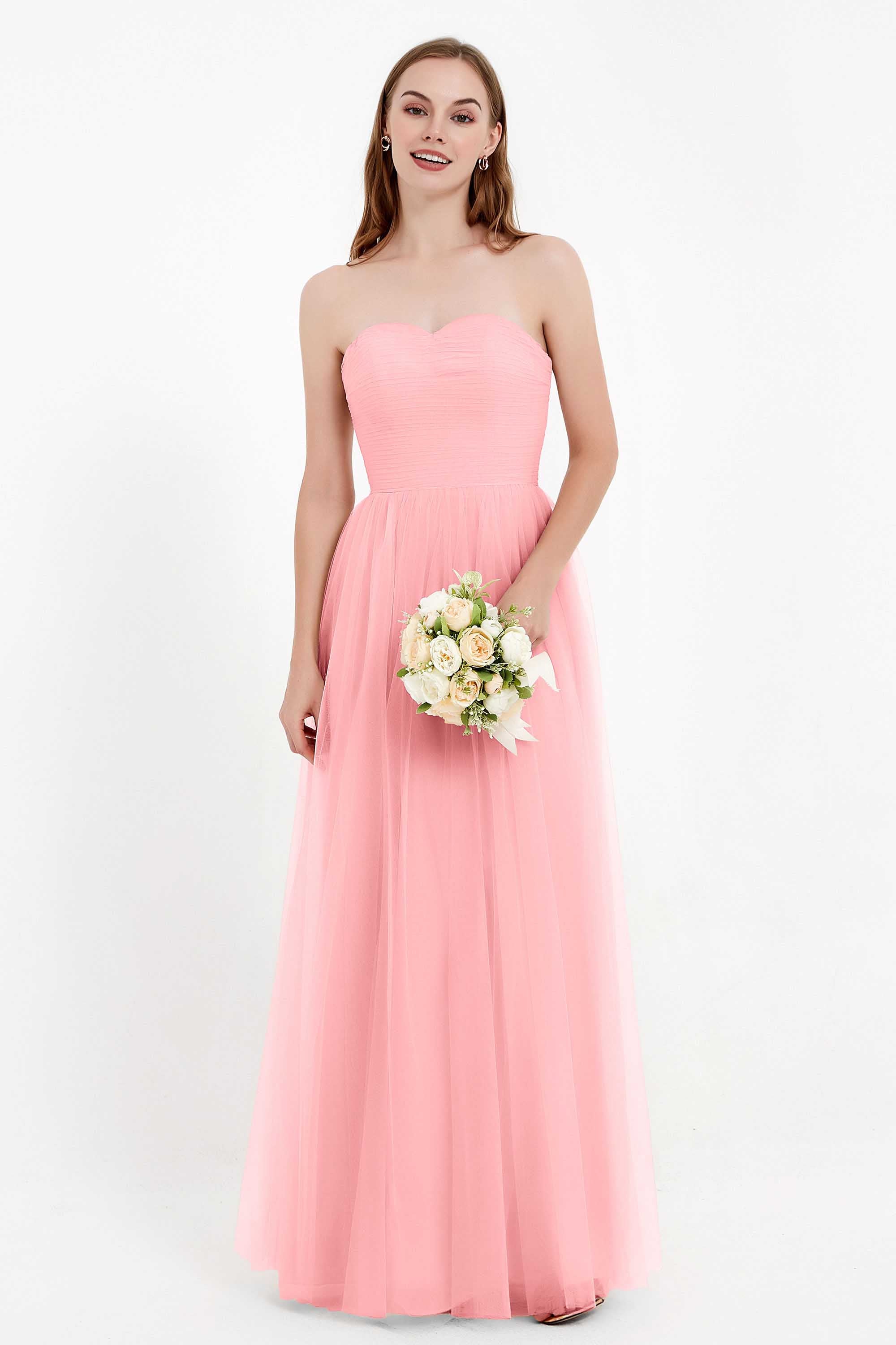 Sweetheart Neckline Tulle Bridesmaid Dress Long Pleated Ruched Formal Evening Gowns Dresses