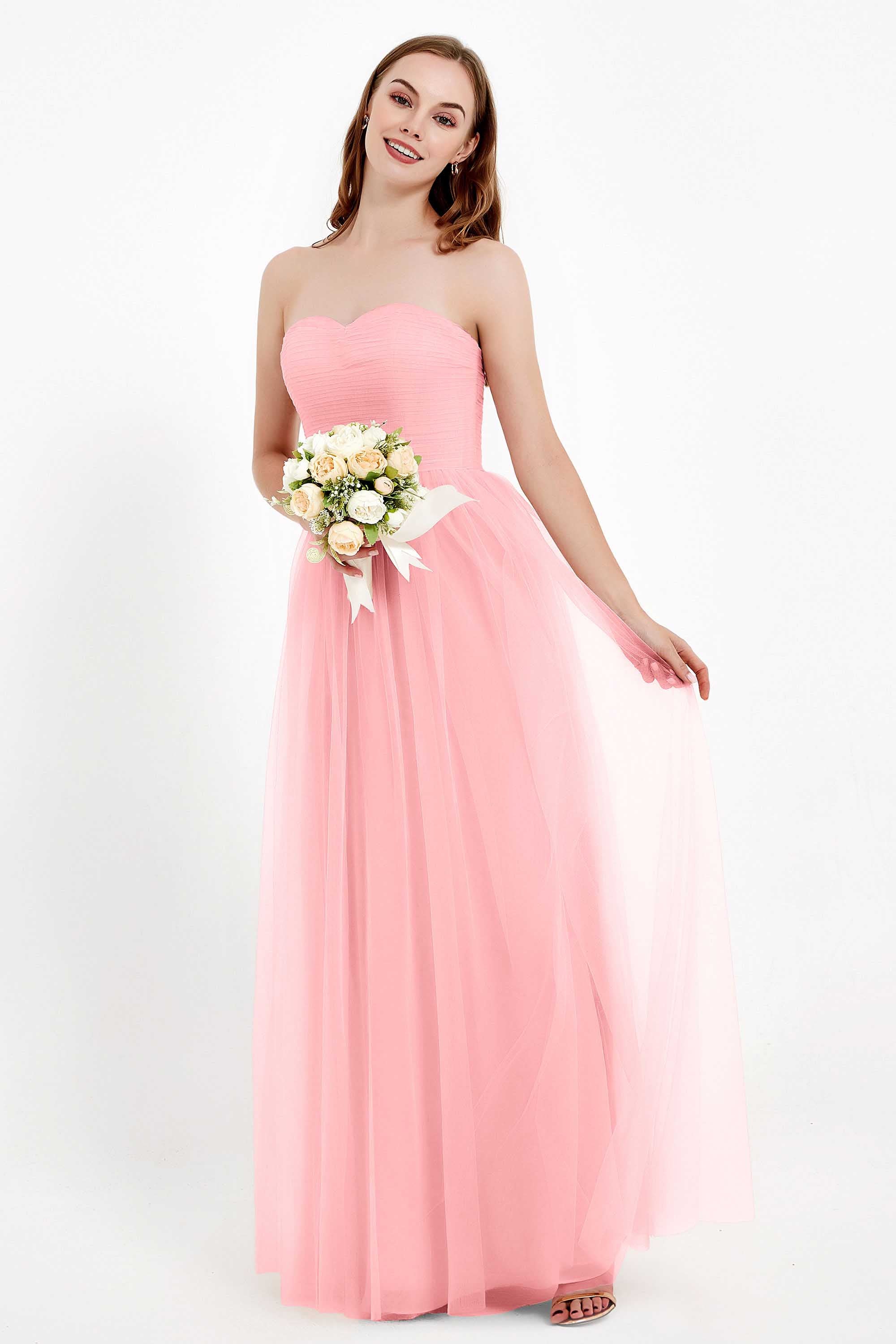 Sweetheart Neckline Tulle Bridesmaid Dress Long Pleated Ruched Formal Evening Gowns Dresses