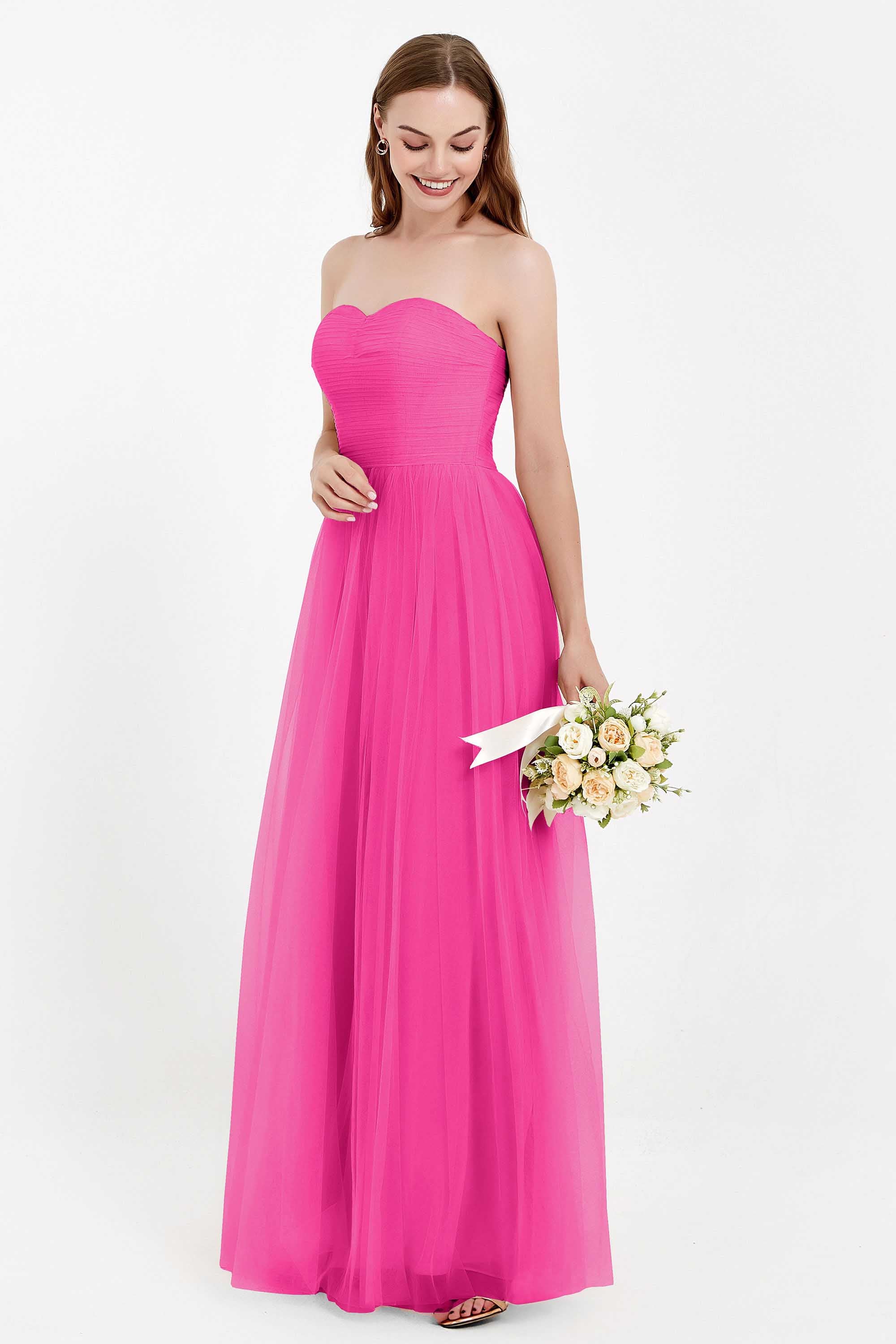 Sweetheart Neckline Tulle Bridesmaid Dress Long Pleated Ruched Formal Evening Gowns Dresses