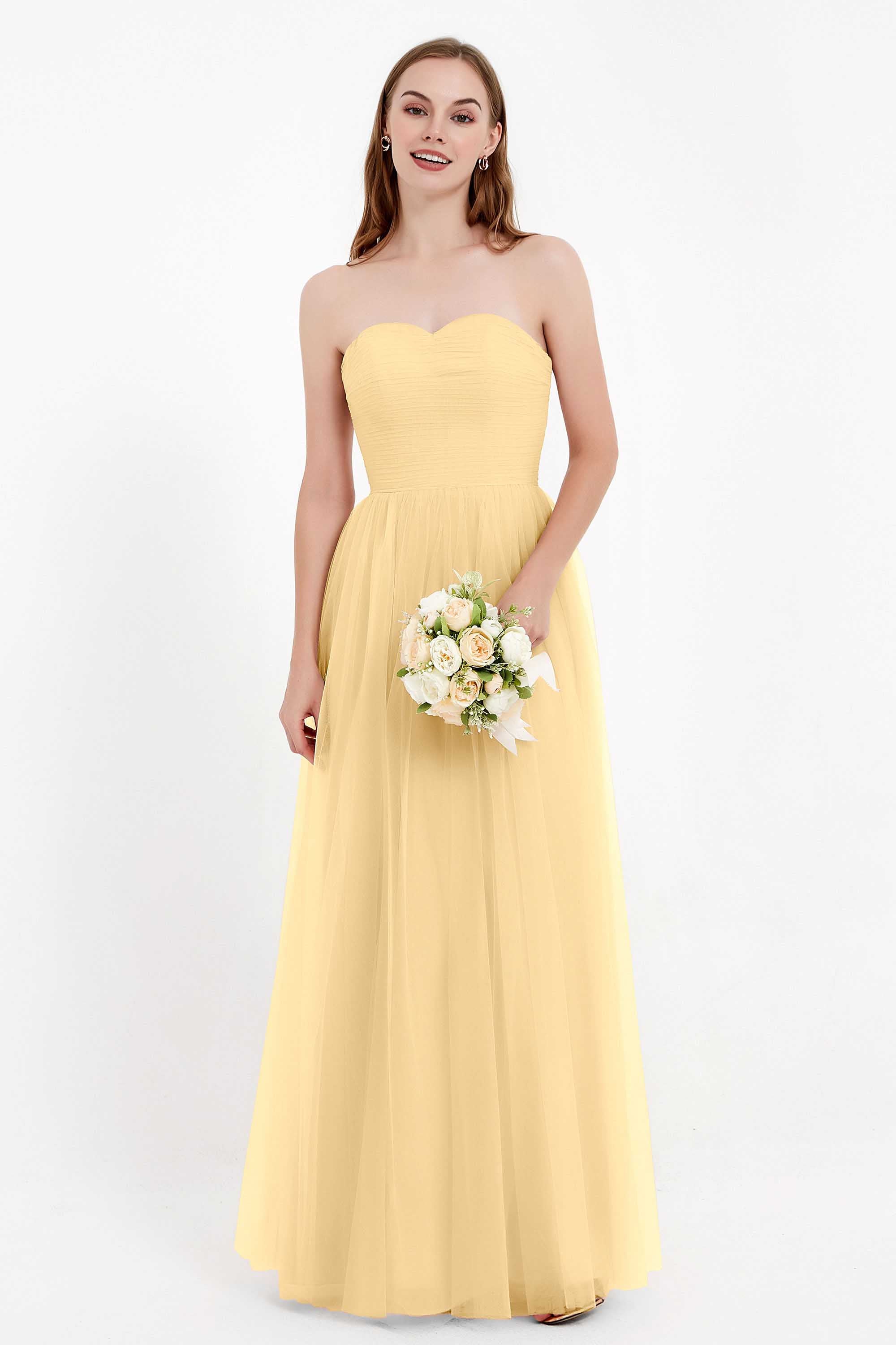 Sweetheart Neckline Tulle Bridesmaid Dress Long Pleated Ruched Formal Evening Gowns Dresses
