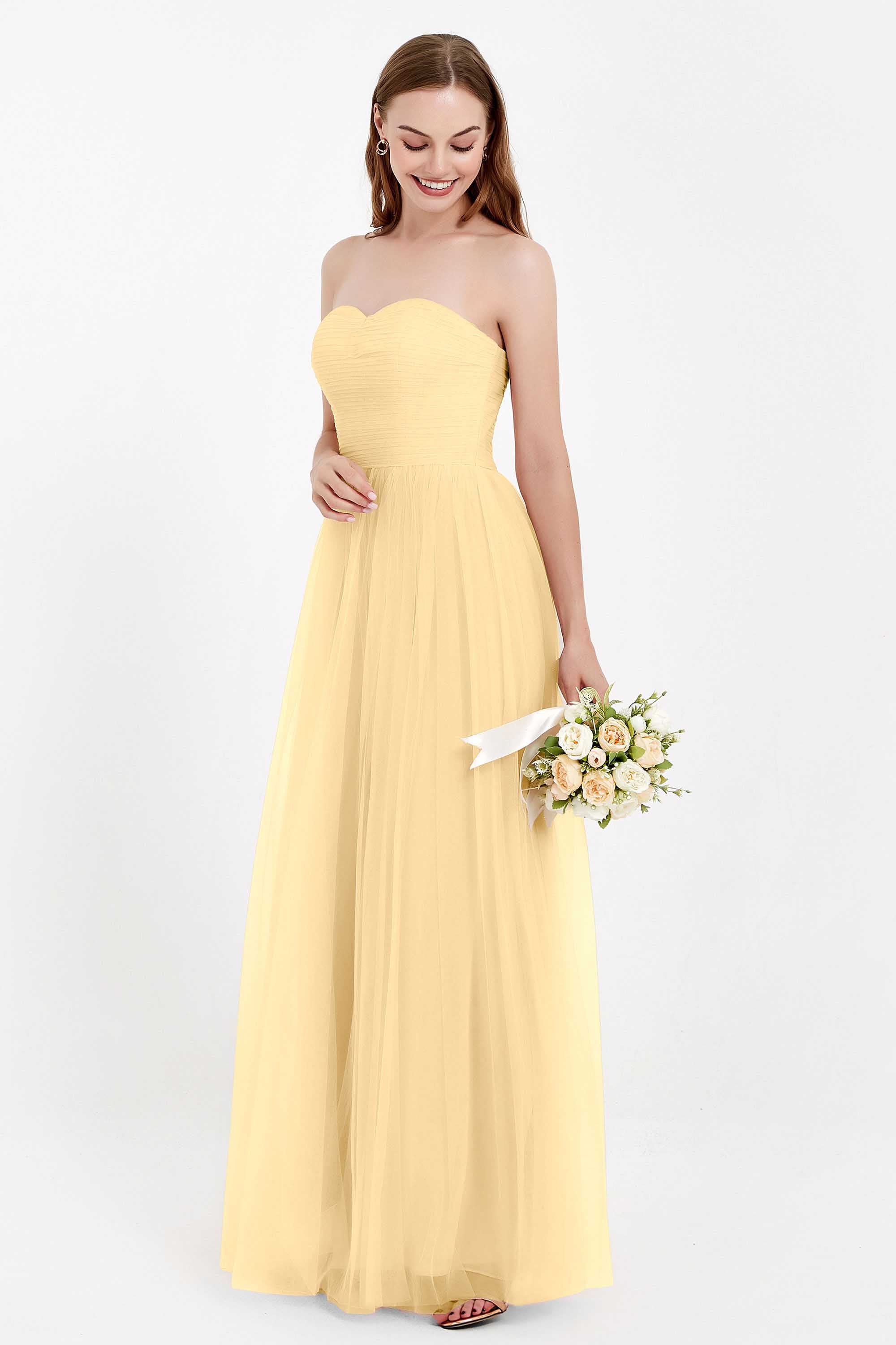 Sweetheart Neckline Tulle Bridesmaid Dress Long Pleated Ruched Formal Evening Gowns Dresses