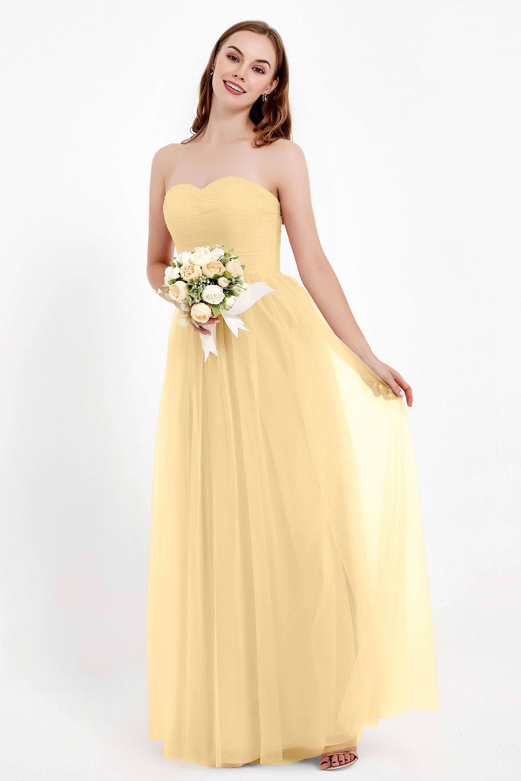 Sweetheart Neckline Tulle Bridesmaid Dress Long Pleated Ruched Formal Evening Gowns Dresses