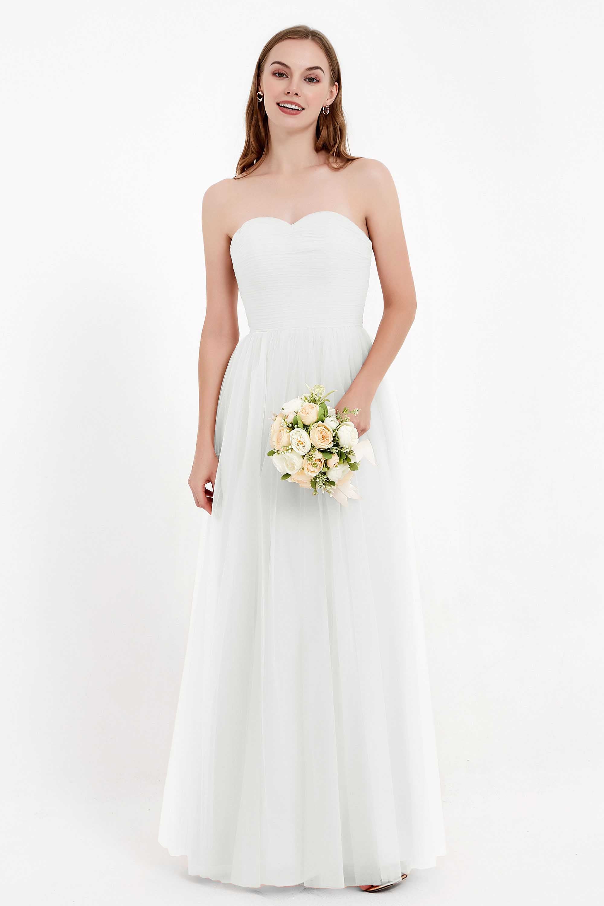 Sweetheart Neckline Tulle Bridesmaid Dress Long Pleated Ruched Formal Evening Gowns Dresses