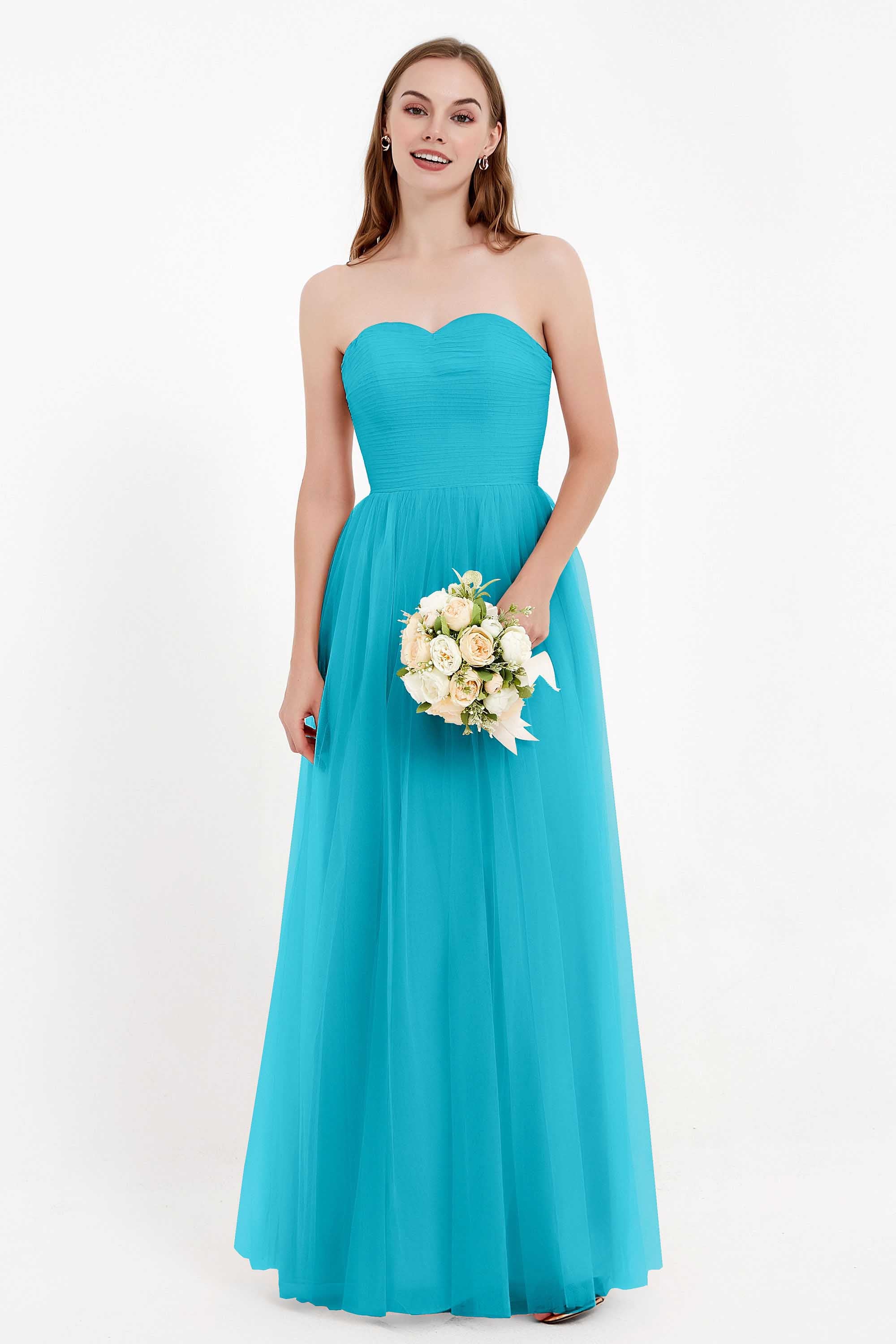 Sweetheart Neckline Tulle Bridesmaid Dress Long Pleated Ruched Formal Evening Gowns Dresses