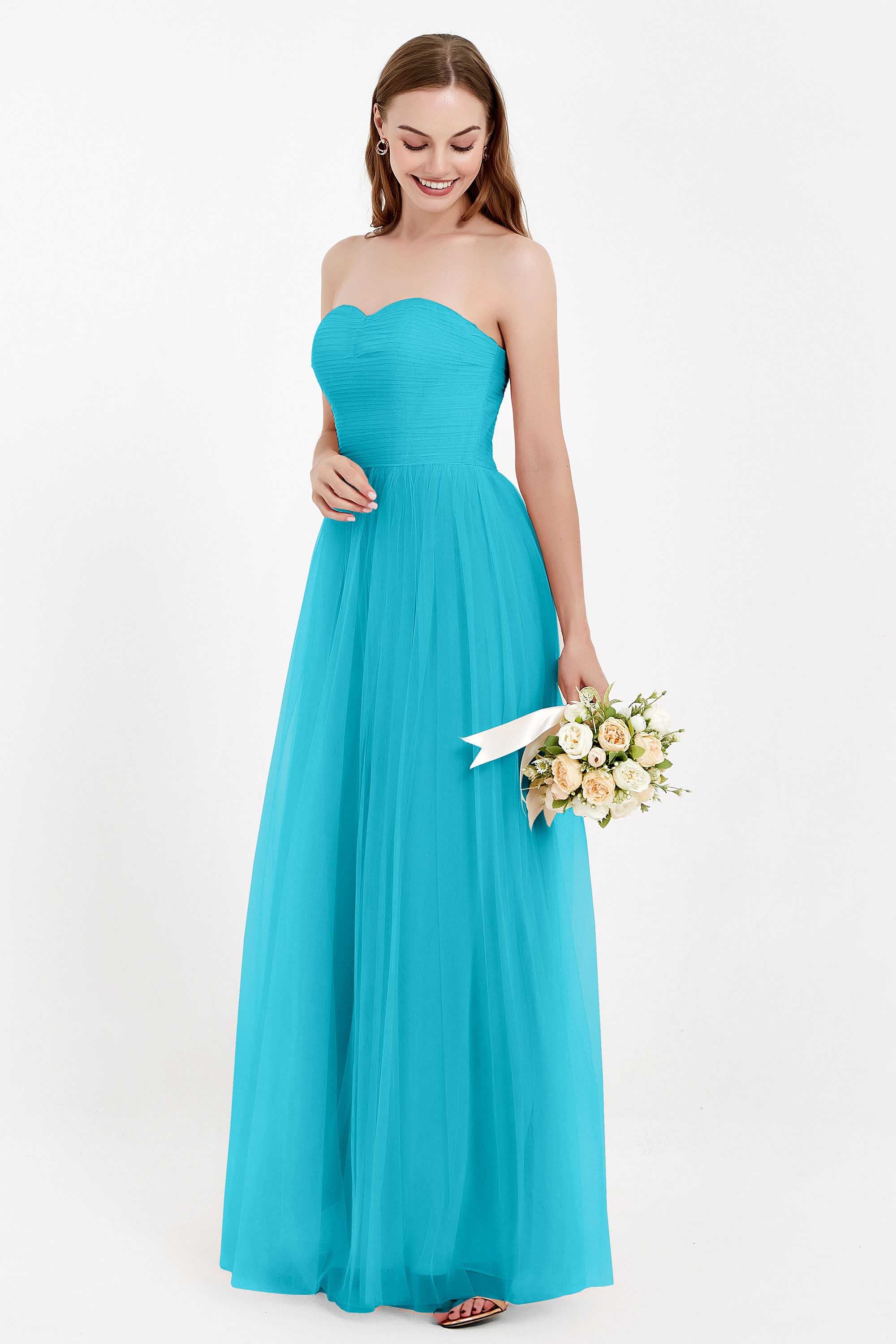 Sweetheart Neckline Tulle Bridesmaid Dress Long Pleated Ruched Formal Evening Gowns Dresses