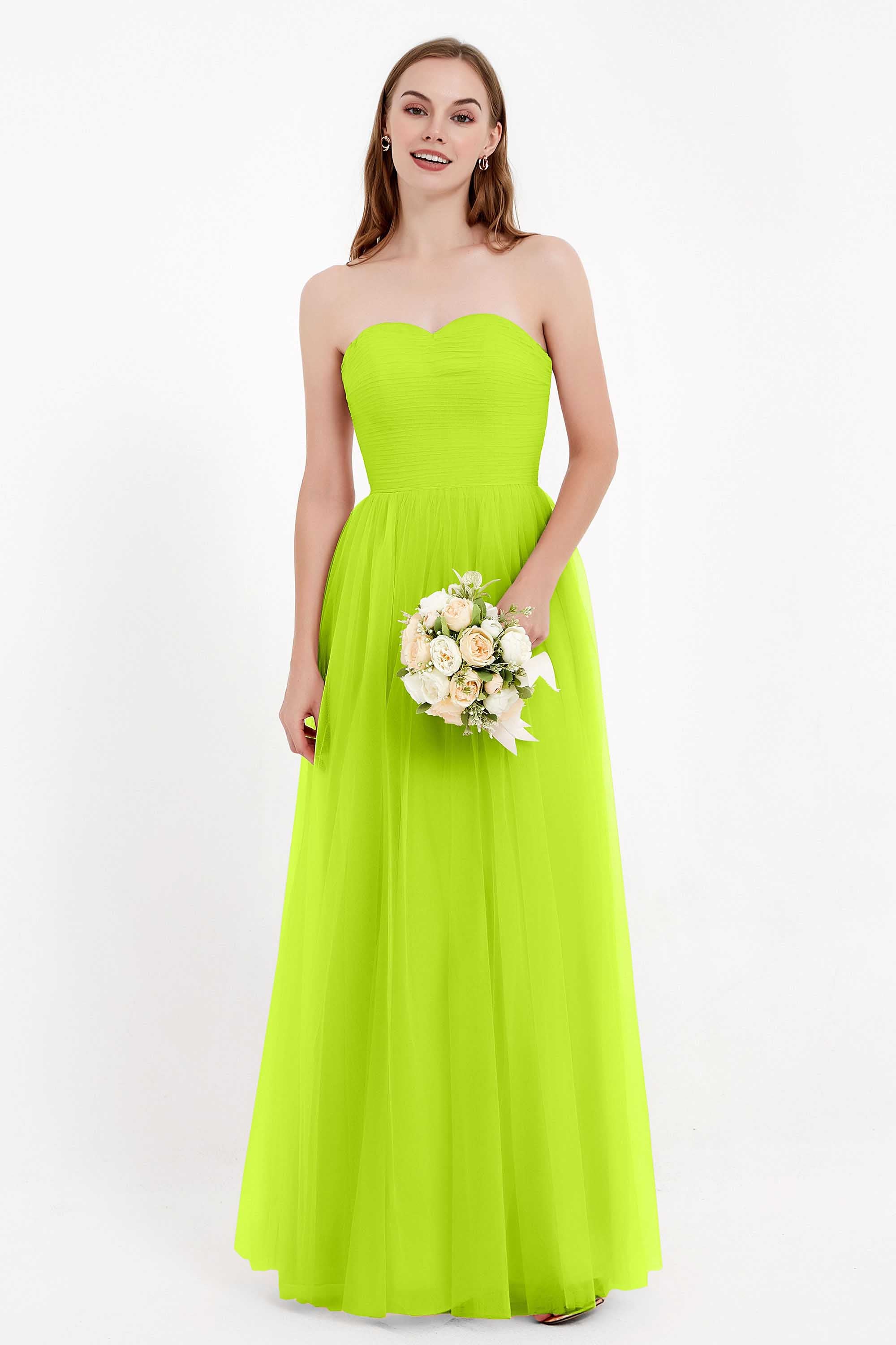 Sweetheart Neckline Tulle Bridesmaid Dress Long Pleated Ruched Formal Evening Gowns Dresses